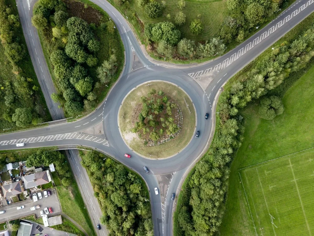 Aerial view of a UK road junction