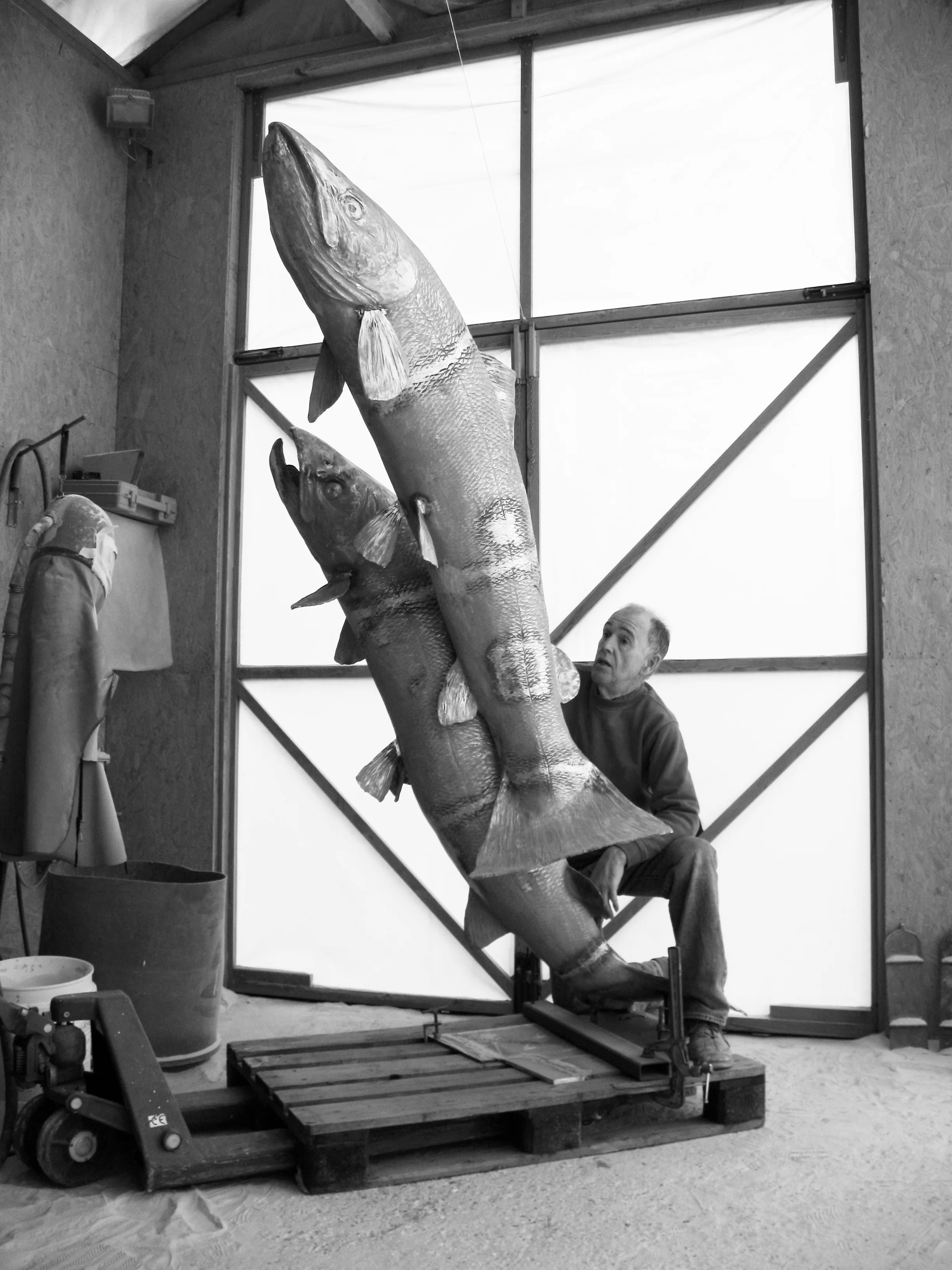 Lloyd modelling the salmon 1 bw.jpg