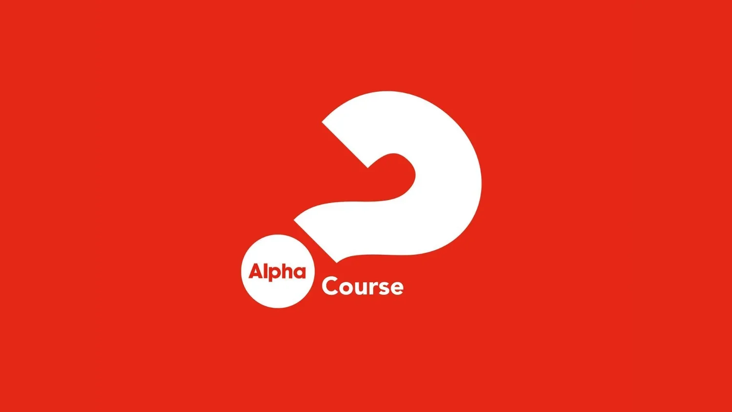Red background with a large white question mark. Inside the question mark, there is a white circle with the word 'Alpha' in red. The word 'Course' in white is placed on the right side of the circle.