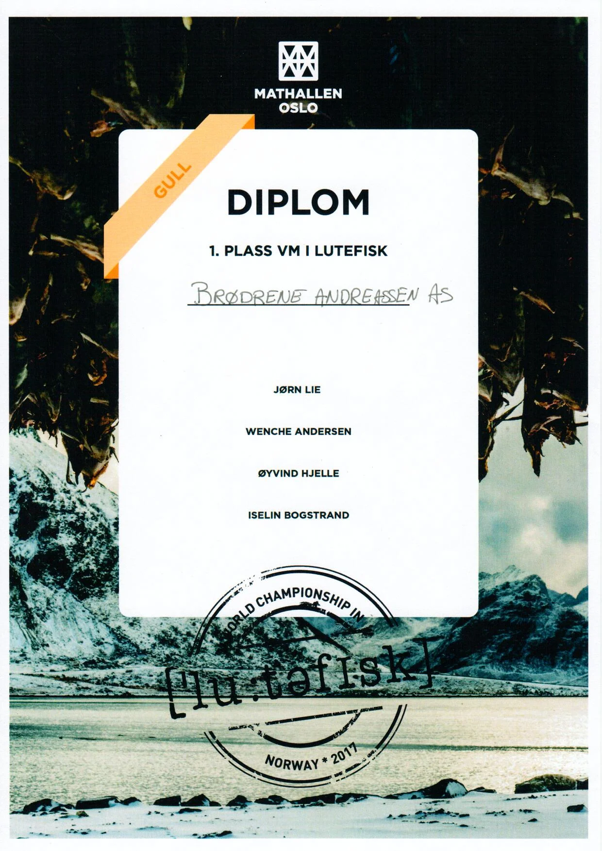 VM i Lutefisk 2017 - Diplom 1. Plass - Brødr. Andreassen Værøy AS.jpg