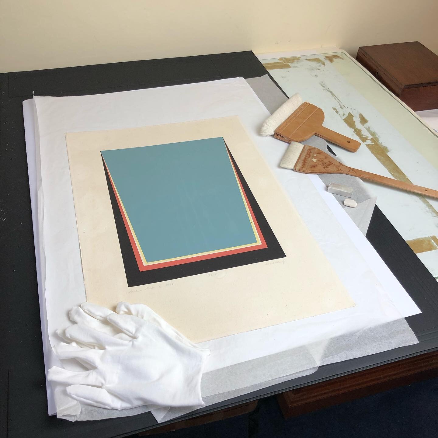About to start work cleaning this very beautiful Cecil King print. It is very dirty! In the second picture you can see some of the surface dirt that I have already removed. I think it will clean up really nicely. It will be on the website in about a 