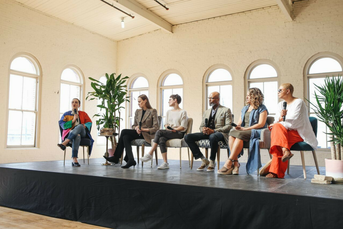 Panel two. Pictured (left to right): Whitney of Fashionista , Davora of Prairie Underground , Carly of Keen Footwear , Dre and Len of EcoVibe Apparel and Angela of FAAS/ Pensole