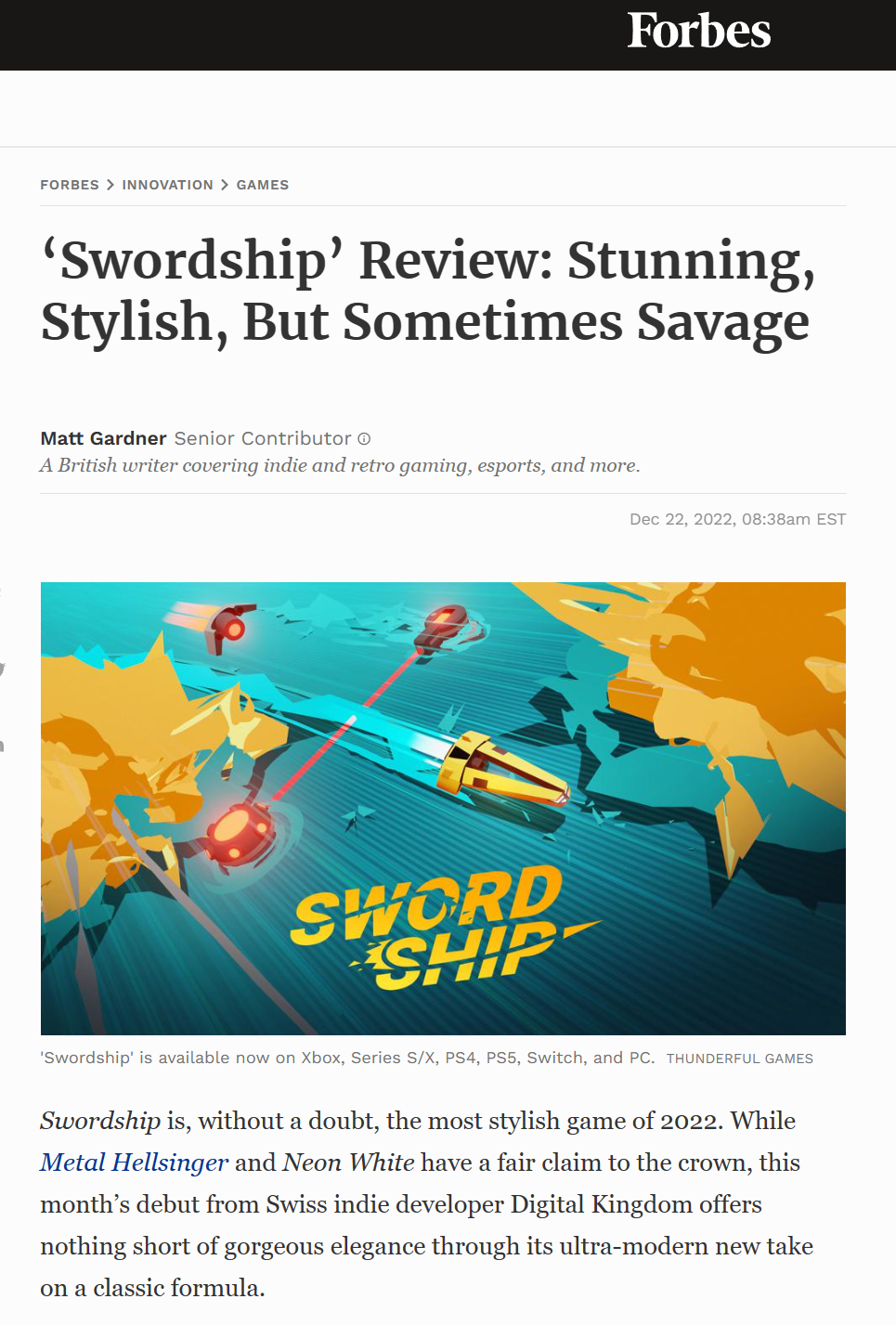 Critique de Swordship dans Forbes