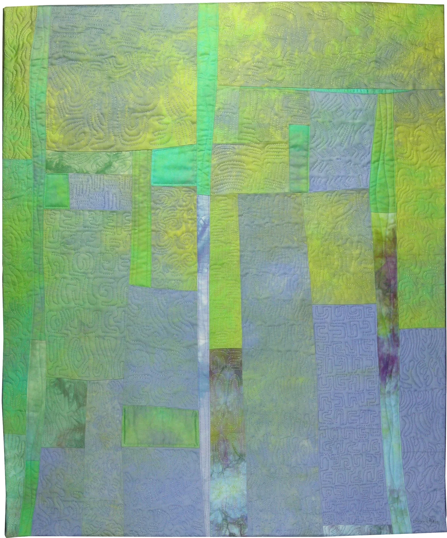 Blue City ©2008 • 27"L x 22.5"W • $850 Cotton fabric hand-dyed by Heide Stoll Weber and by the artist Machine pieced and machine quilted