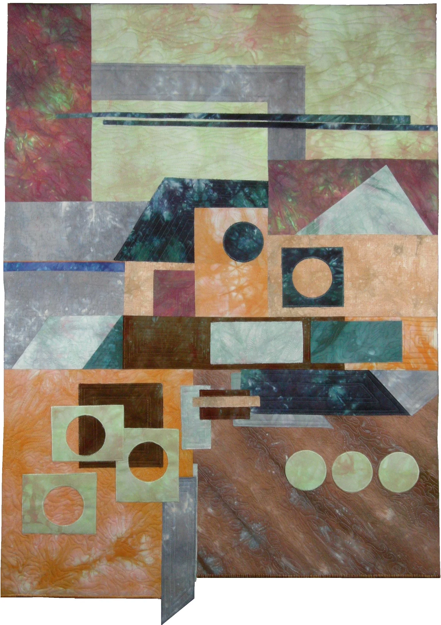 Snowy Village ©2008 • 36 "L x 25"W • $900 Artist-dyed cotton fabric Fabric collage with machine stitching