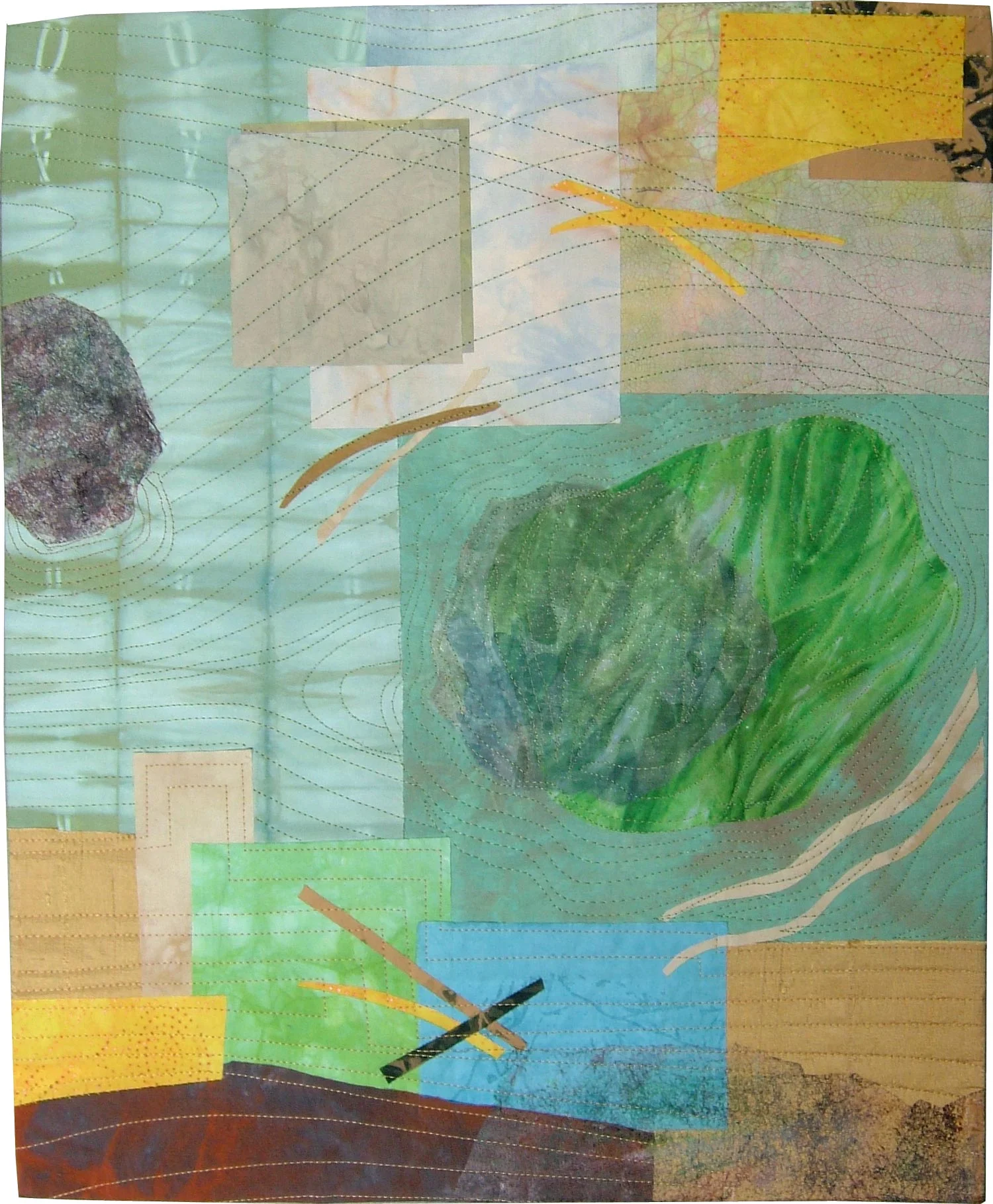 Zen Garden ©2006 • 20.5"L x 17"W • $450 Available for purchase in the TAFA Sho p Commercial and artist-dyed, painted, and discharged cotton, silk and silk organza; polyester organza; painted fusible web Fused fabric collage with machine stitching