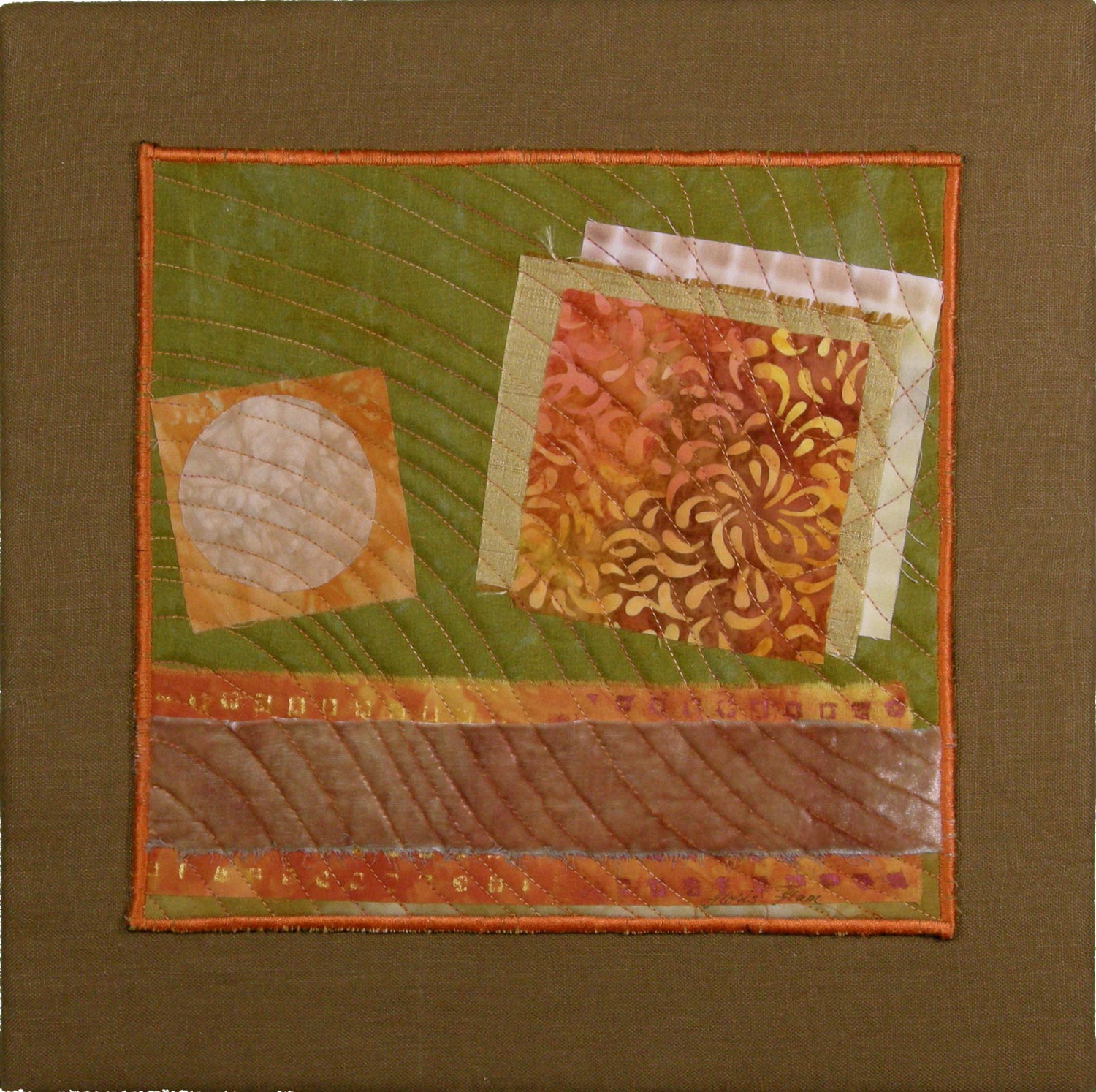 Buoyancy 2 ©2007 • 10"L x 10"W on 12 x 12" linen-covered stretched canvas • $150 Artist-dyed cotton, silk, and velvet and commercial cotton fabric Fabric collage with machine stitching