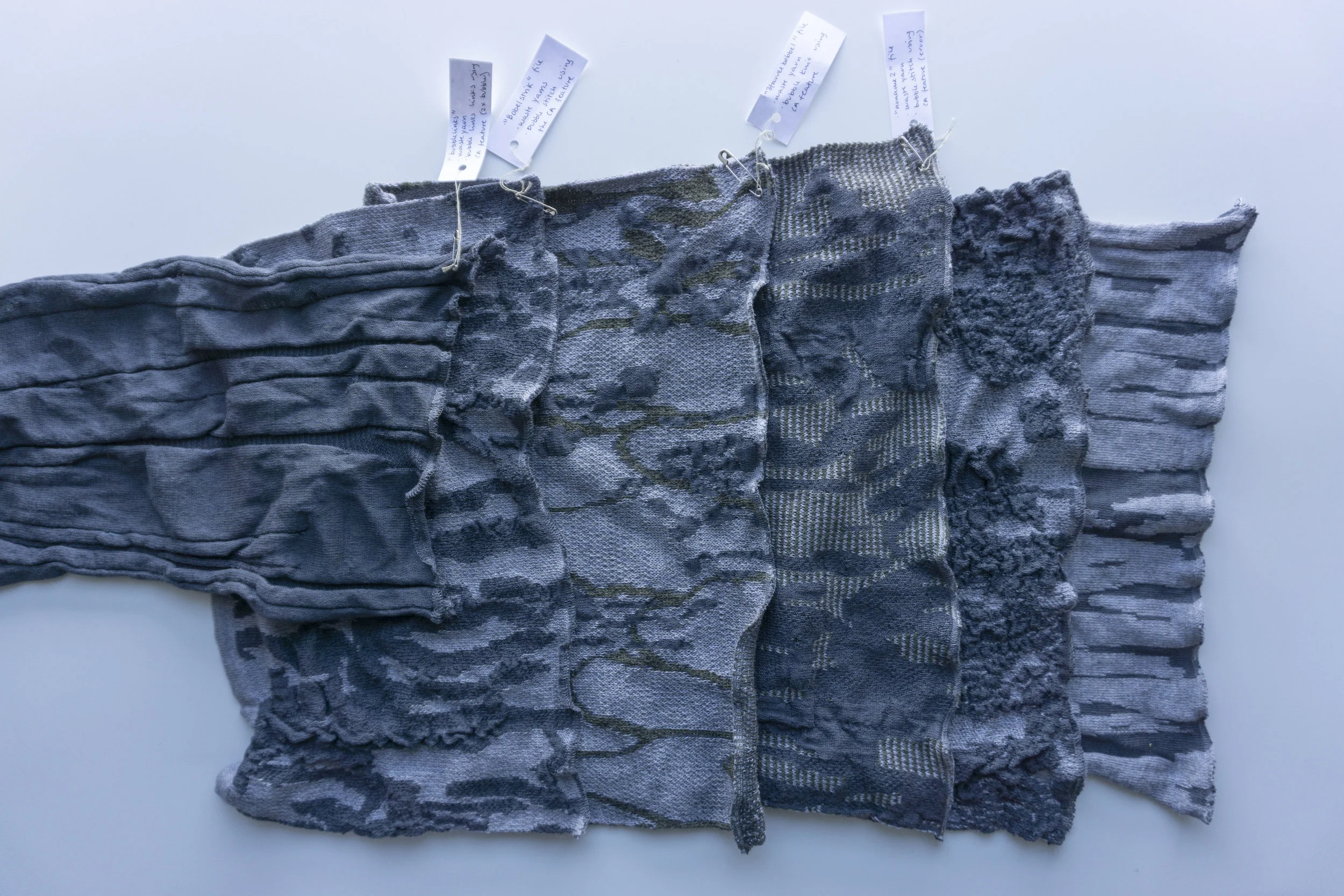 Before knitting out the final samples, I would check the files in the Stoll M1 Plus software and knit them out in waste yarn as technical samples. This was to avoid waste in expensive yarns and allowed me to build up a great portfolio of files with notes on what went well and what went wrong and how to fix it for further development.