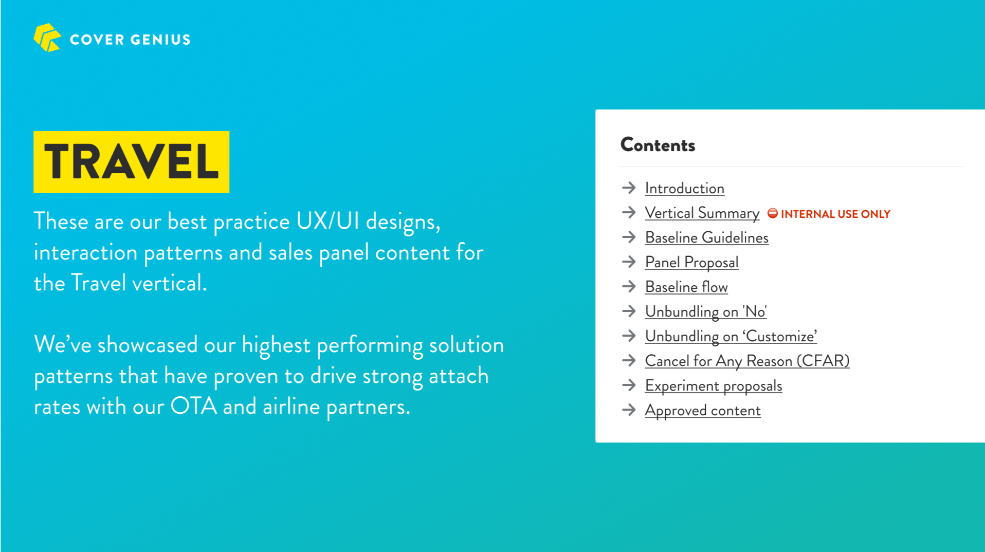 Screenshot of a digital document titled "Travel" with a blue gradient background. The document includes a table of contents and text about UX/UI design best practices for travel vertical, with a logo that says "Cover Genius" in the top left corner.