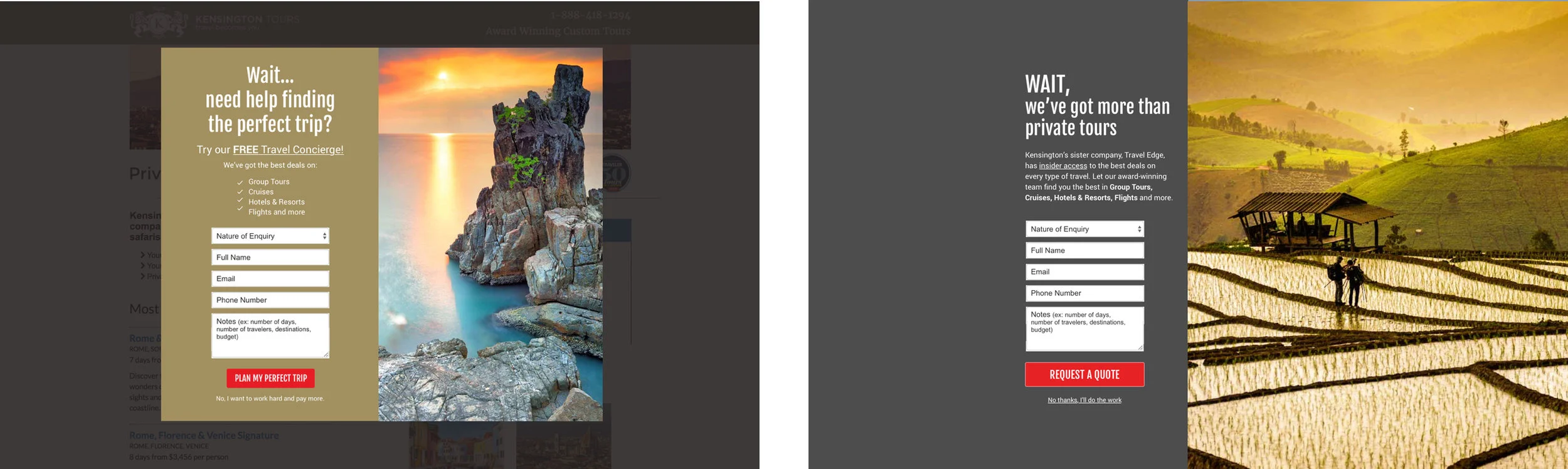Created country based landing pages to drive sales leads for Kensington Tours.