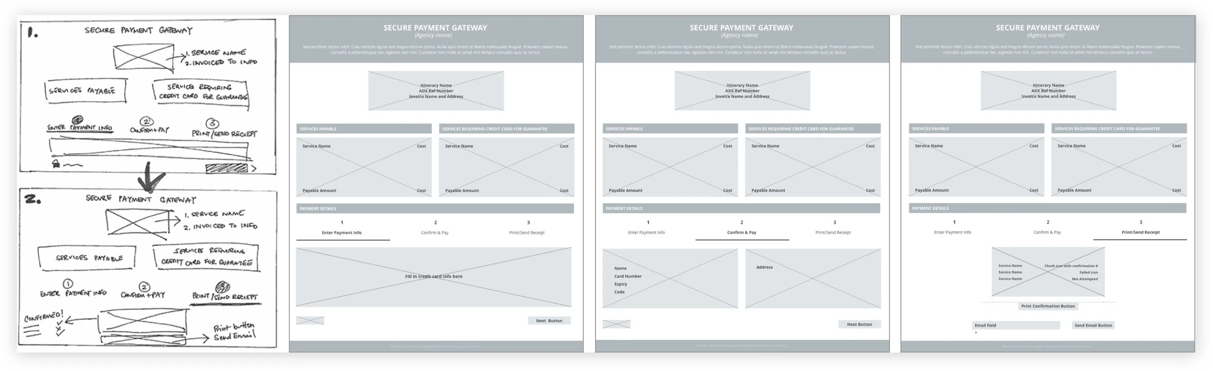 Created a flow of screens for the client to pay for the trip, including payment, authentication, and print/send receipt pages. 