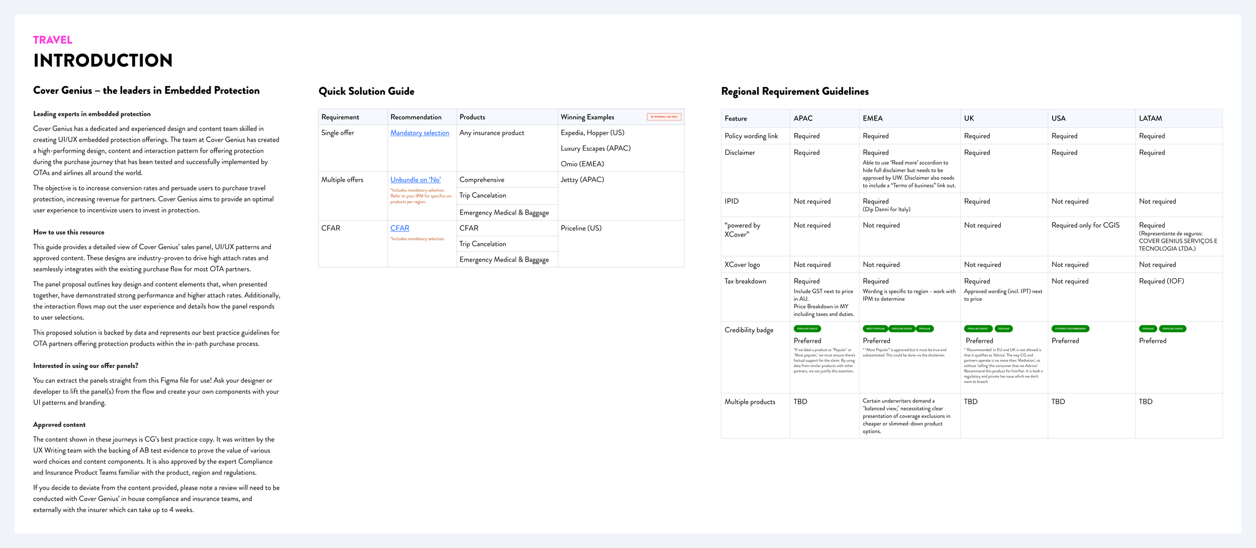 A detailed document page with an introduction to a guide about embedded protection features and regional requirements, including tables of requirements, recommendations, products, and guidelines for various regions.