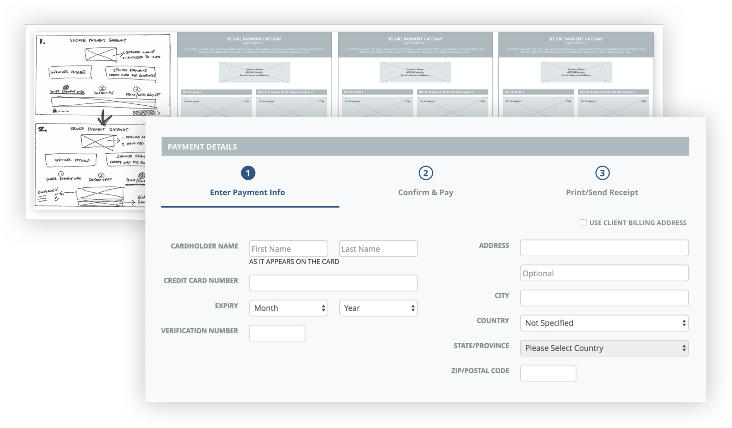 A digital screenshot of a payment form webpage in progress, with sections for entering payment details like name, address, expiry date, and verification number.