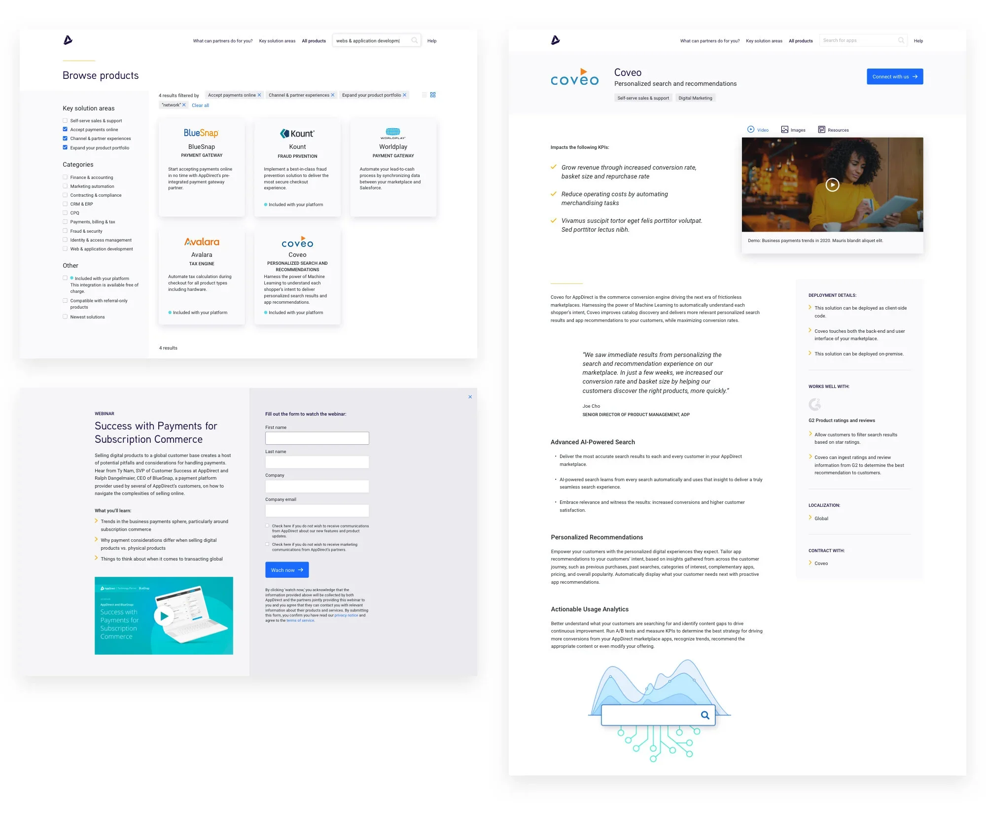Screenshots of a website and a digital platform related to payments, app development, and personalized search and recommendations for business analytics.