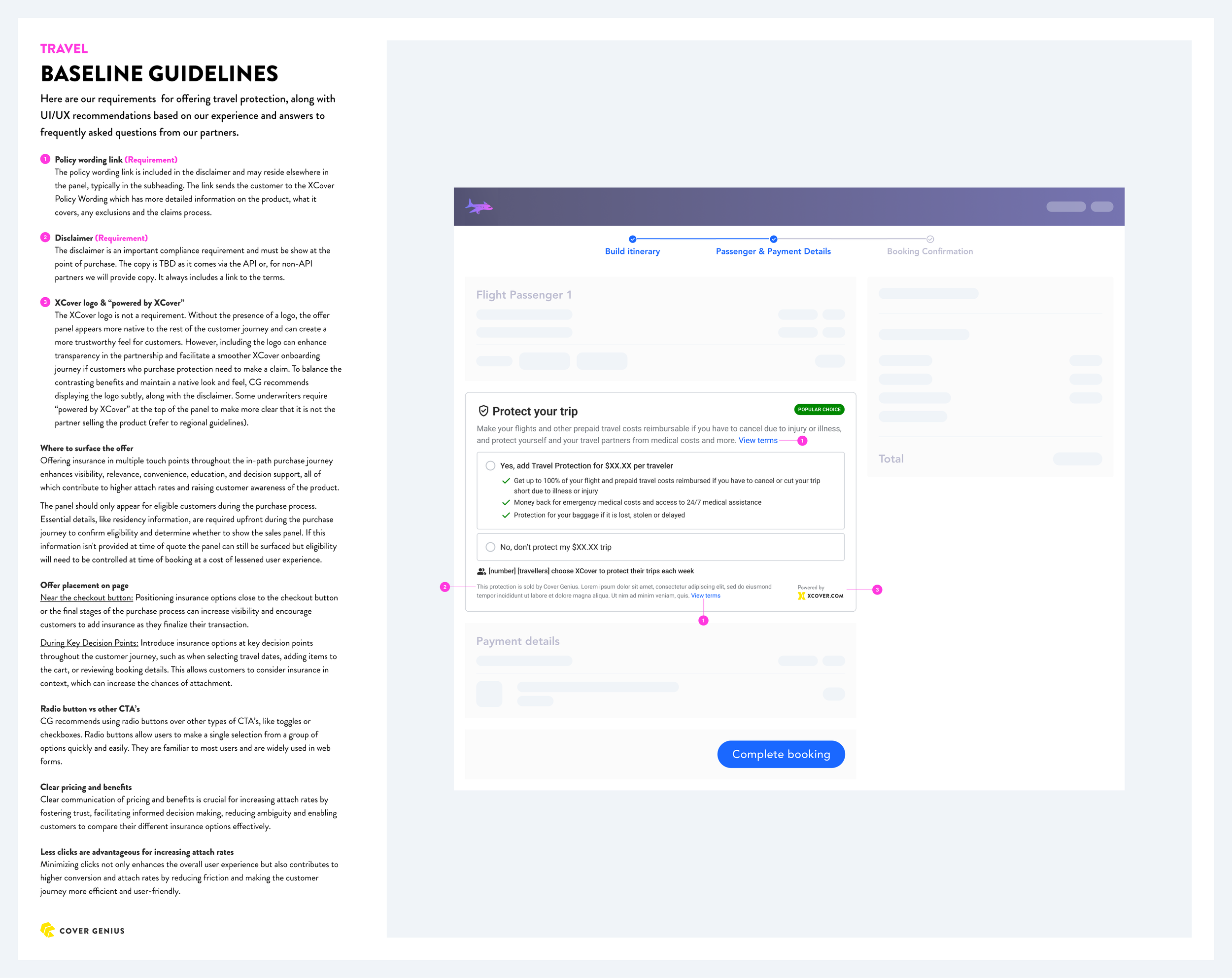 Screenshot of a webpage with travel insurance guidelines, including sections on policy wording, disclaimer, logo, coverage, and other tips, with a blue 'Complete booking' button at the bottom.