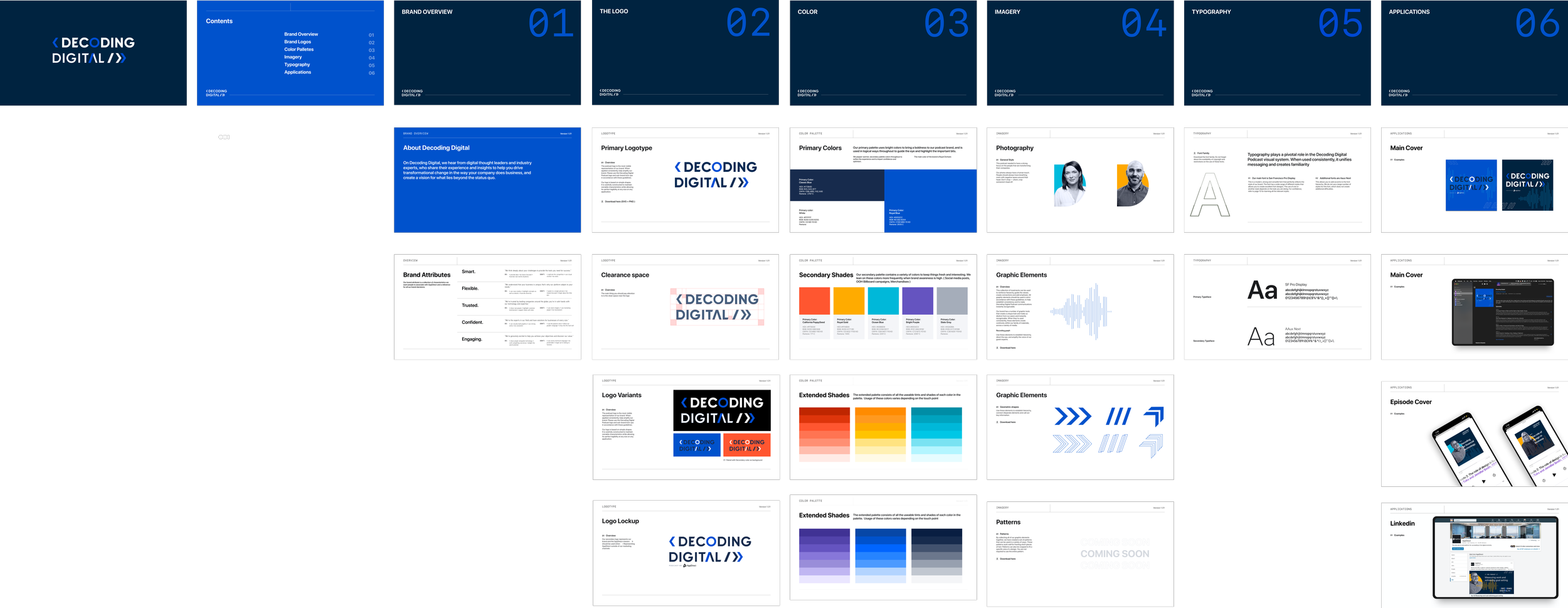 A digital presentation or branding guide titled 'Decoding Digital' with slides outlining company overview, logo, color palette, imagery, typography, applications, and branding elements. The slides feature a blue, white, black, and red color scheme, with various graphics, logo variations, and sample device displays.
