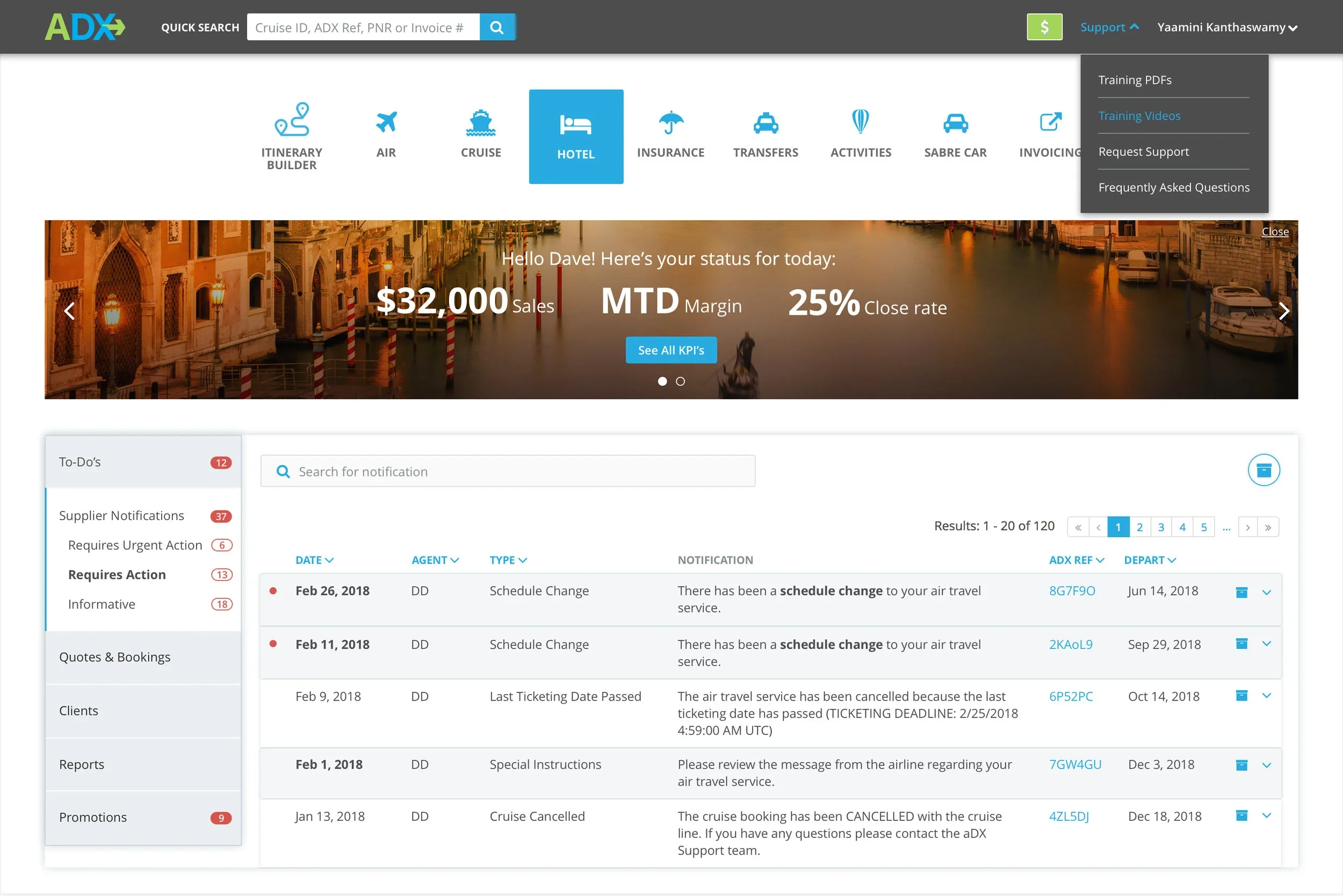 Screenshot of a web dashboard for managing travel and booking information, showing various tabs such as itinerary builder, air, cruise, hotel, insurance, transfers, activities, and more, with a background image of a canal scene in Venice, Italy.
