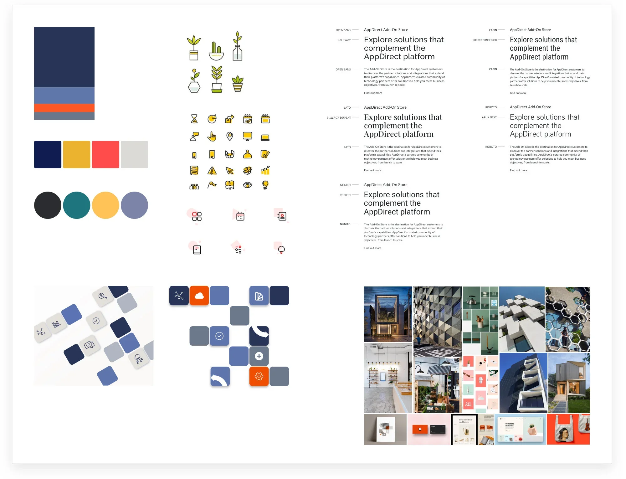 A collage of interior design and architecture photos with color palettes, icons, and description text about solutions that complement the AppDirect platform.