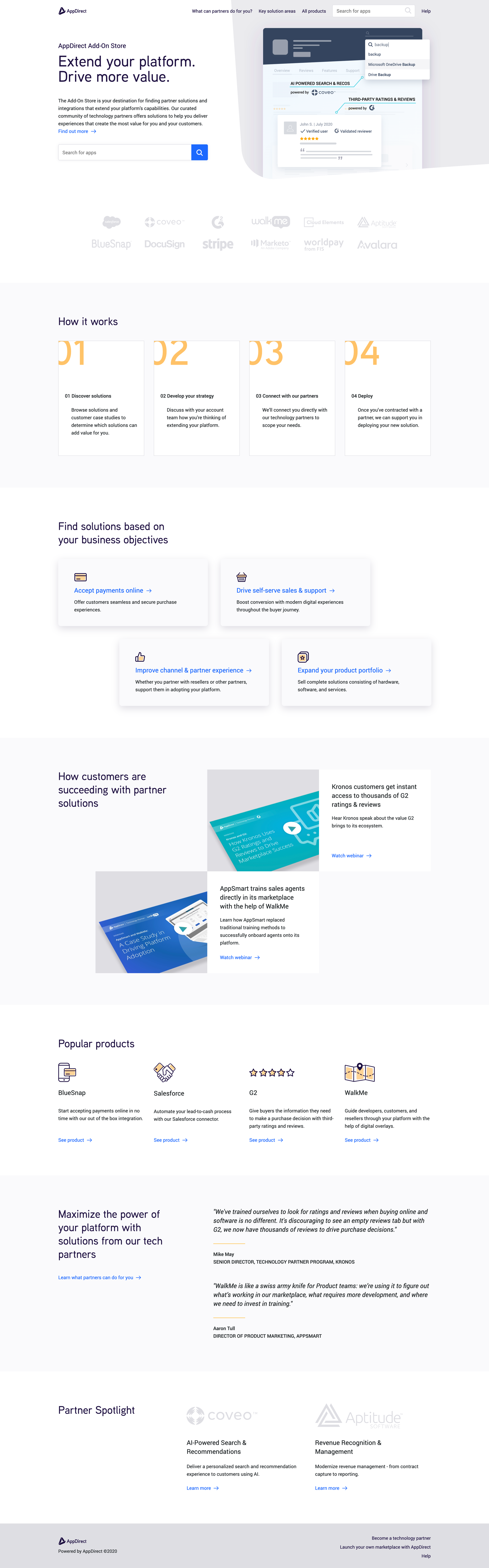 Screenshot of AppDirect's website promoting their platform extension and partner solutions. It shows sections on how it works, solutions for business objectives, customer success stories, popular products like BlueSnap, Salesforce, G2, and WalkMe, and a partner spotlight on Coveo and Attune.