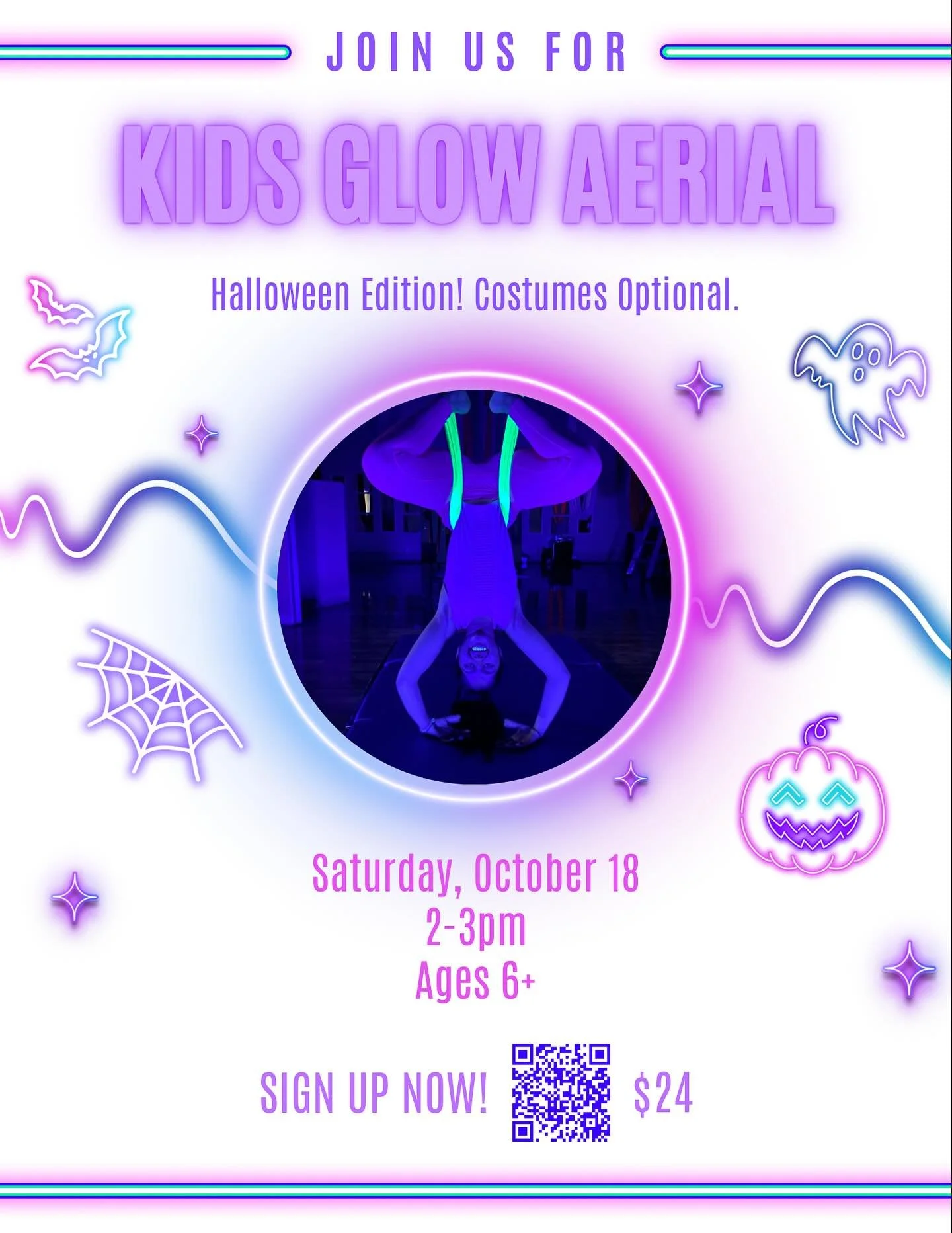 KIDS AERIAL GLOW HALLOWEEN!
Saturday, October 18 
Ages 6+ 

Sign up ASAP we only have a few spots left!
@hellosunshineyoga_ 

#kidsaerial #glow #hellosunshineyoga