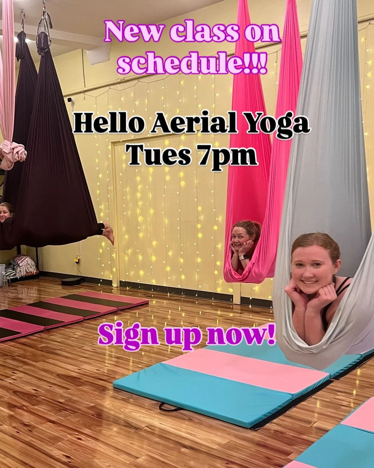 Tonight!!! Have you been thinking about trying Ariel yoga? We have another beginner class on the schedule.
Hello Aerial Yoga is now also on Tuesdays at 7 PM.

Go to that link in the bio, click on our schedule, and sign up today!

#aerialyoga #aerial 