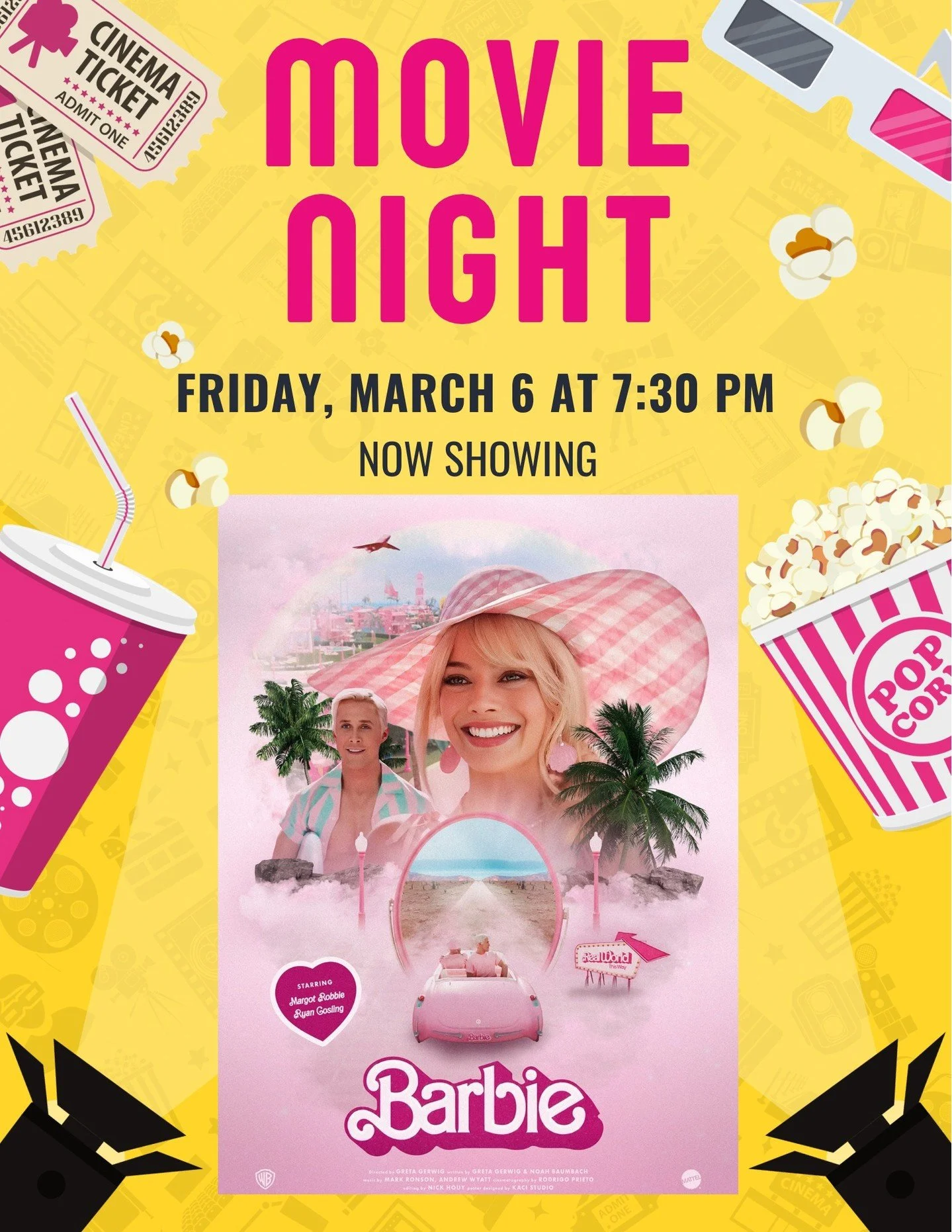 Grab your best pink vibes and join us for Movie Night: Barbie 💖✨

We&rsquo;re cozying up for a feel-good night of laughs, nostalgia, and empowerment&mdash;snacks are on us! 

Come relax, hang out with friends, and enjoy this colorful, confidence-boo