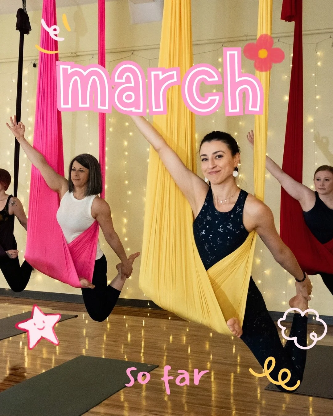 Thanks for a great month, sunshines. ✨🩷☀️ Workshops, fitness, stretching and even some crafts. We had the best time with y&rsquo;all. 🌈

What&rsquo;s to come? 

April 11th: Polyvagal practice 🧘🏼&zwj;♀️
April 12th: Kids Aerial pop-up class 🤸🏽&zw
