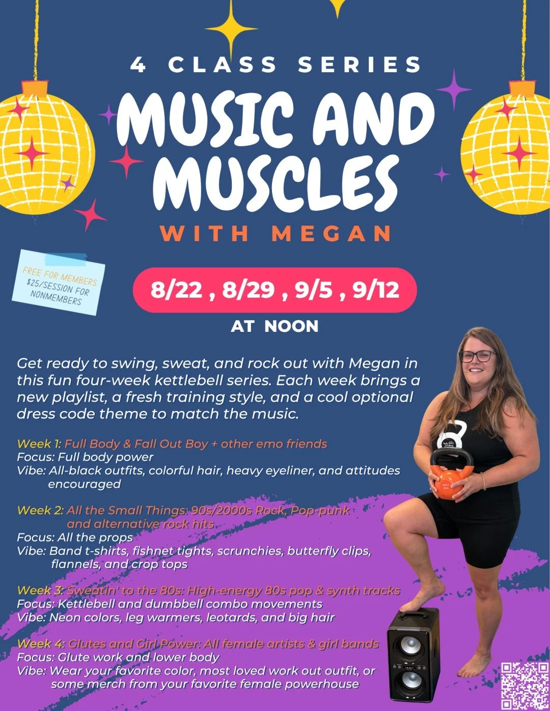 Get ready to swing, sweat, and rock out with Megan in this fun four-week kettlebell series. Each week brings a new playlist, a fresh training style, and a cool optional dress code theme to match the music.

Saturdays at noon on 8/22, 8/29, 9/5, and 9