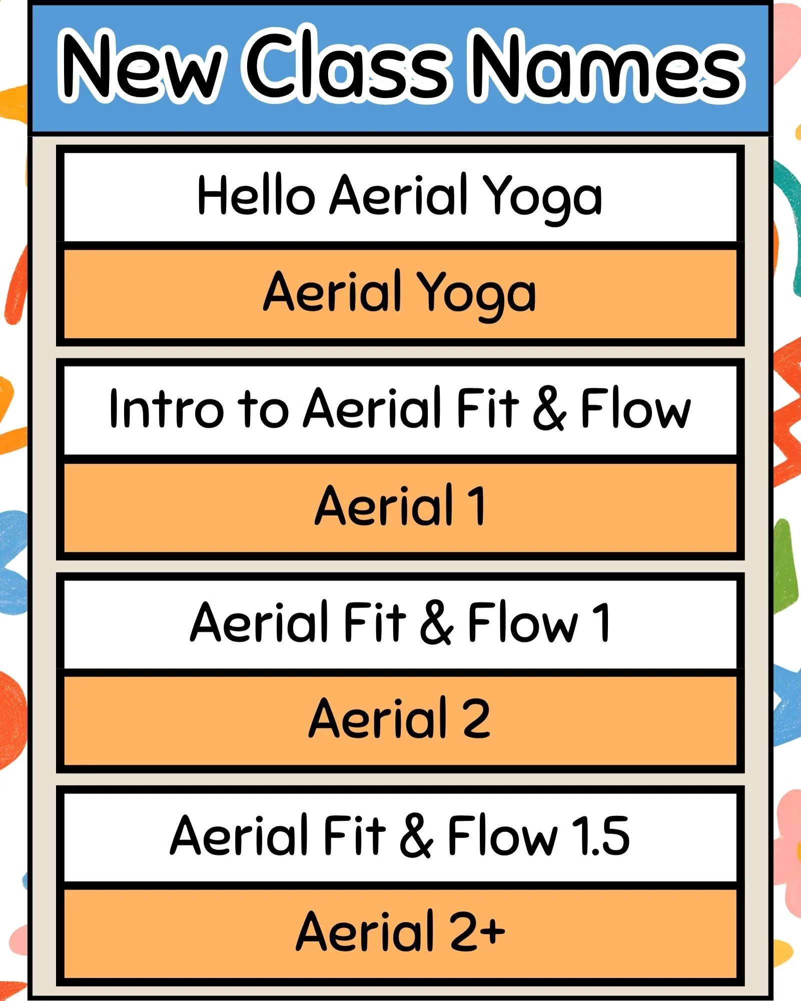Change is good! 
After some deep contemplation and reevaluation, we have decided to change our Aerial class names in order to be more concise.
The white boxes are the original names and the orange boxes are the new names.
Send me an email or a DM wit
