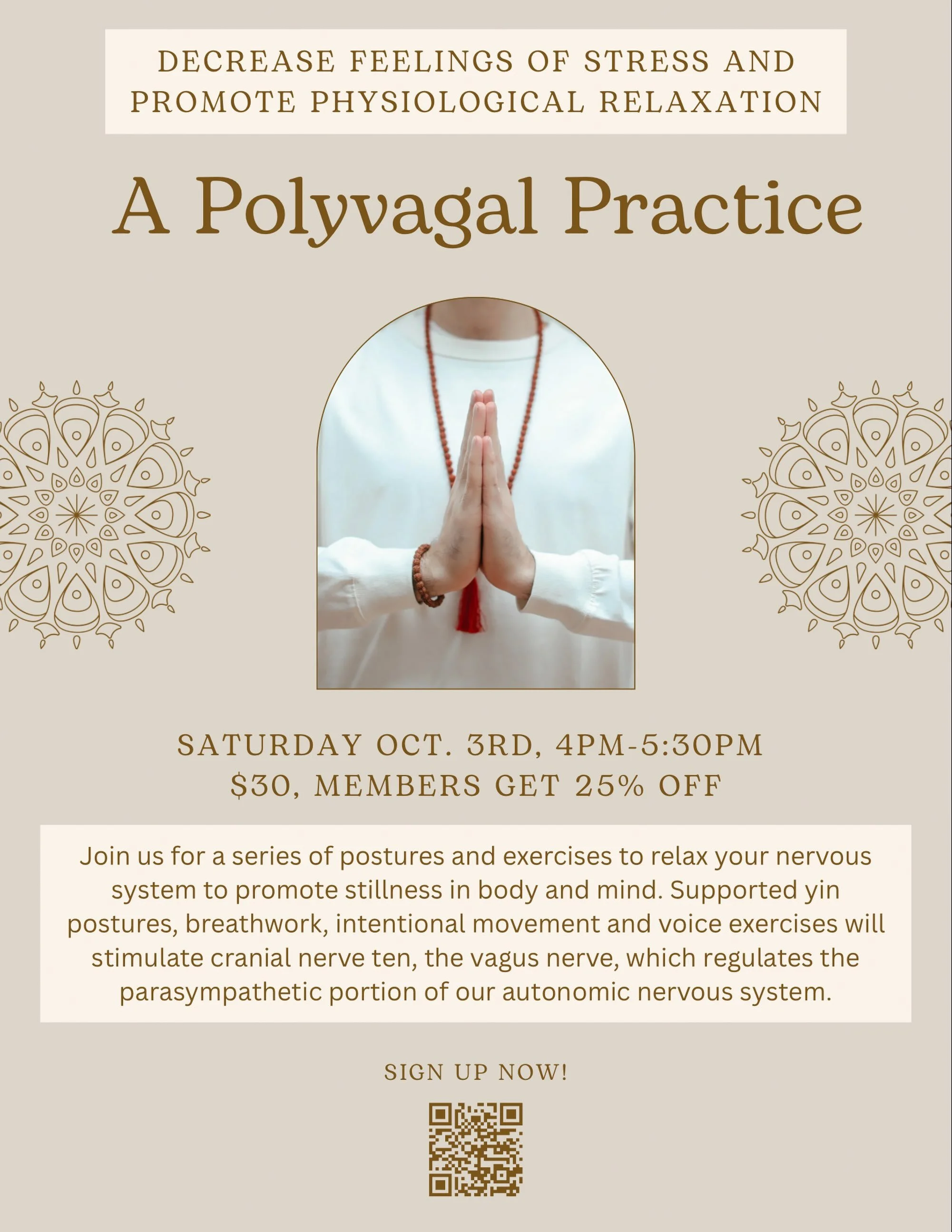 This Saturday, Oct 3, 4pm - join us for a series of postures and exercise exercises to relax your nervous system. Supported in postures, breath work, intentional movement, and voice exercises will stimulate the vagus nerve.

You will leave feeling re