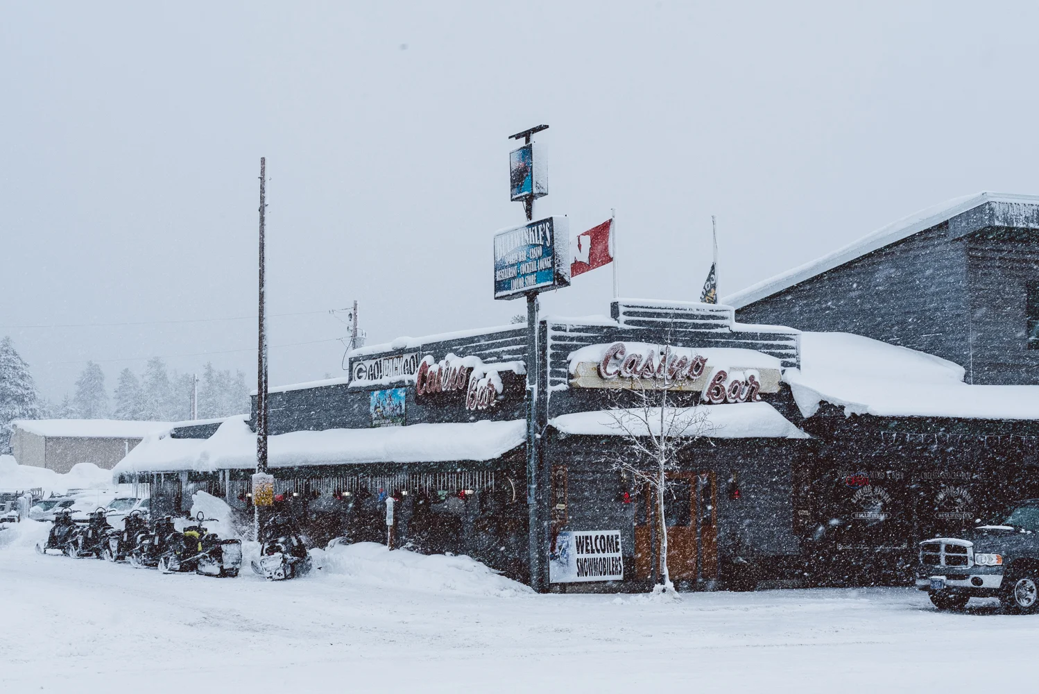 Downtown West Yellowstone, blissfully empty during the snowstorm except for a few crazy drivers (like myself) and many thrilled snowmobilers. This is said to be the snow mobile capital of the world. But on a day like this even they were inside at the bar.