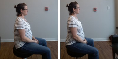 On the left you see me sitting on my sacrum (the tailbone area). In this position the abdomen almost goes into a “crunch” position and can increase pain and discomfort of the lower ribs. On the right I am more upright, sitting on the Sitz Bones (the bony part under the butt) and keeping a neutral spine. This is an optimal sitting position because it allows for the diaphragm and pelvic floor to fully move and stabilize.
