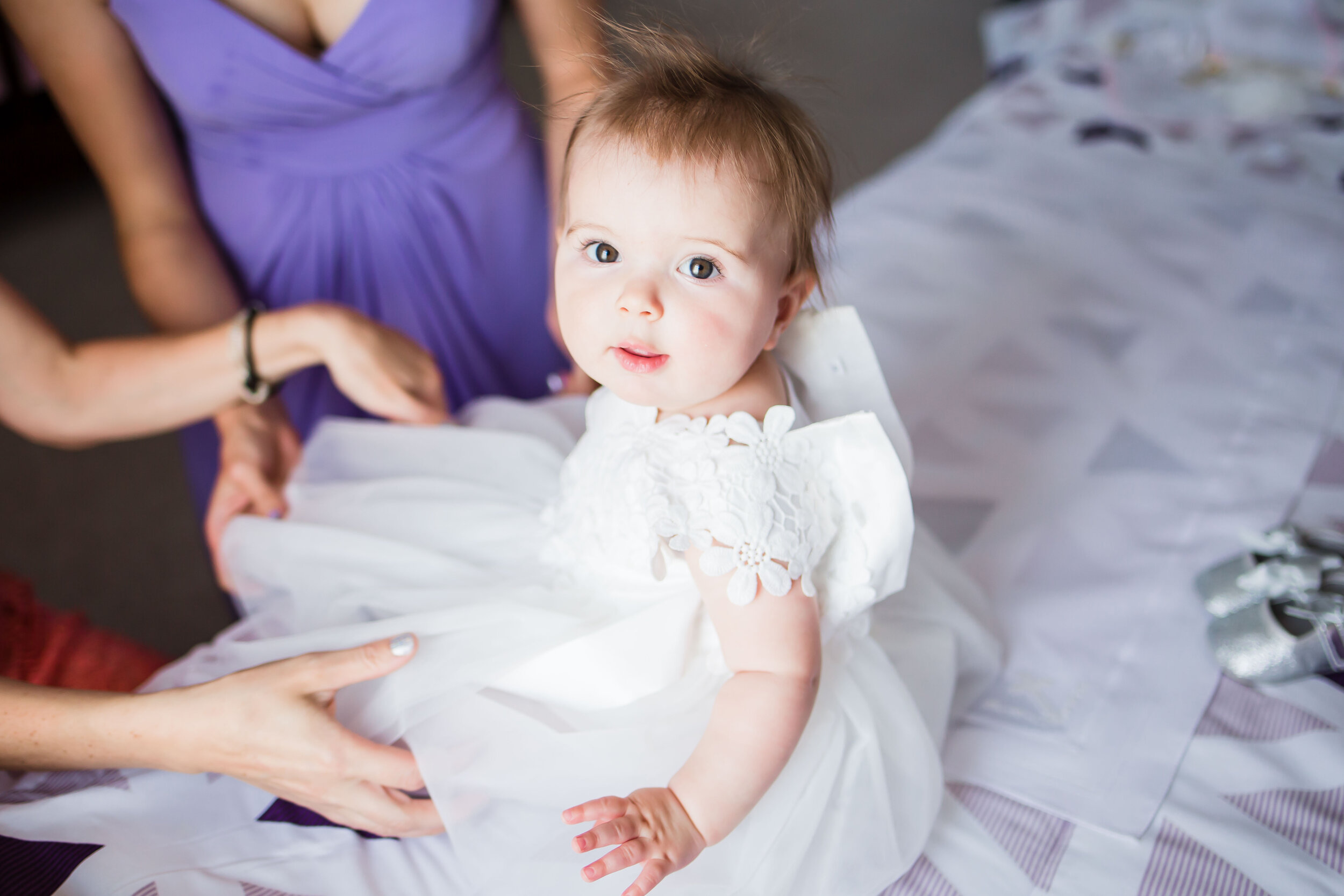 Christening Photography, Baby sitting on a bed, Family Photographer | Algonquin IL | Lake in the Hills IL