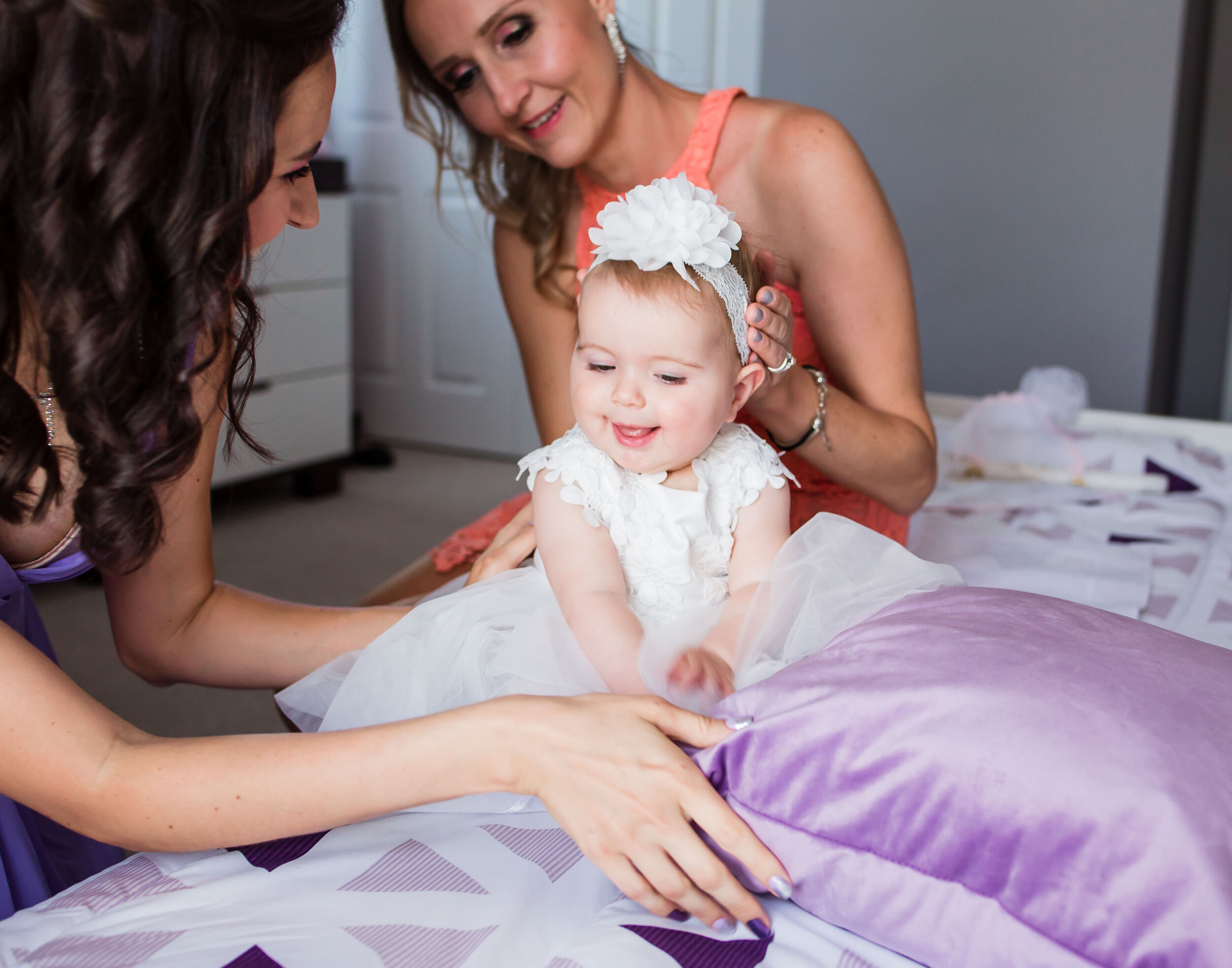 Christening Photography, Baby sitting on a bed, Family Photographer | Algonquin IL | Lake in the Hills IL