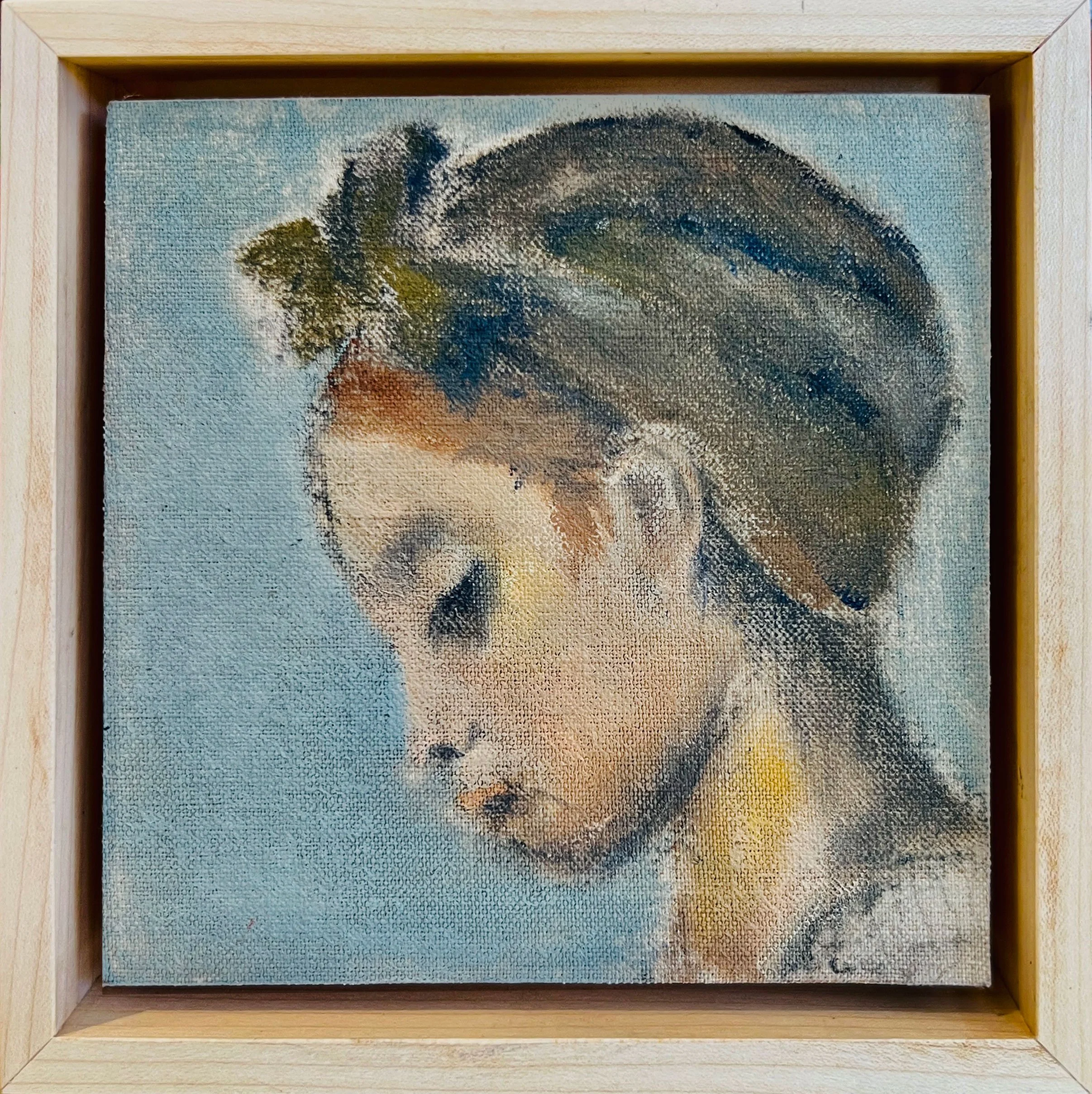 The Case for a Bonnet, oil paint on canvas, 5” x 5”, $350. (framed)