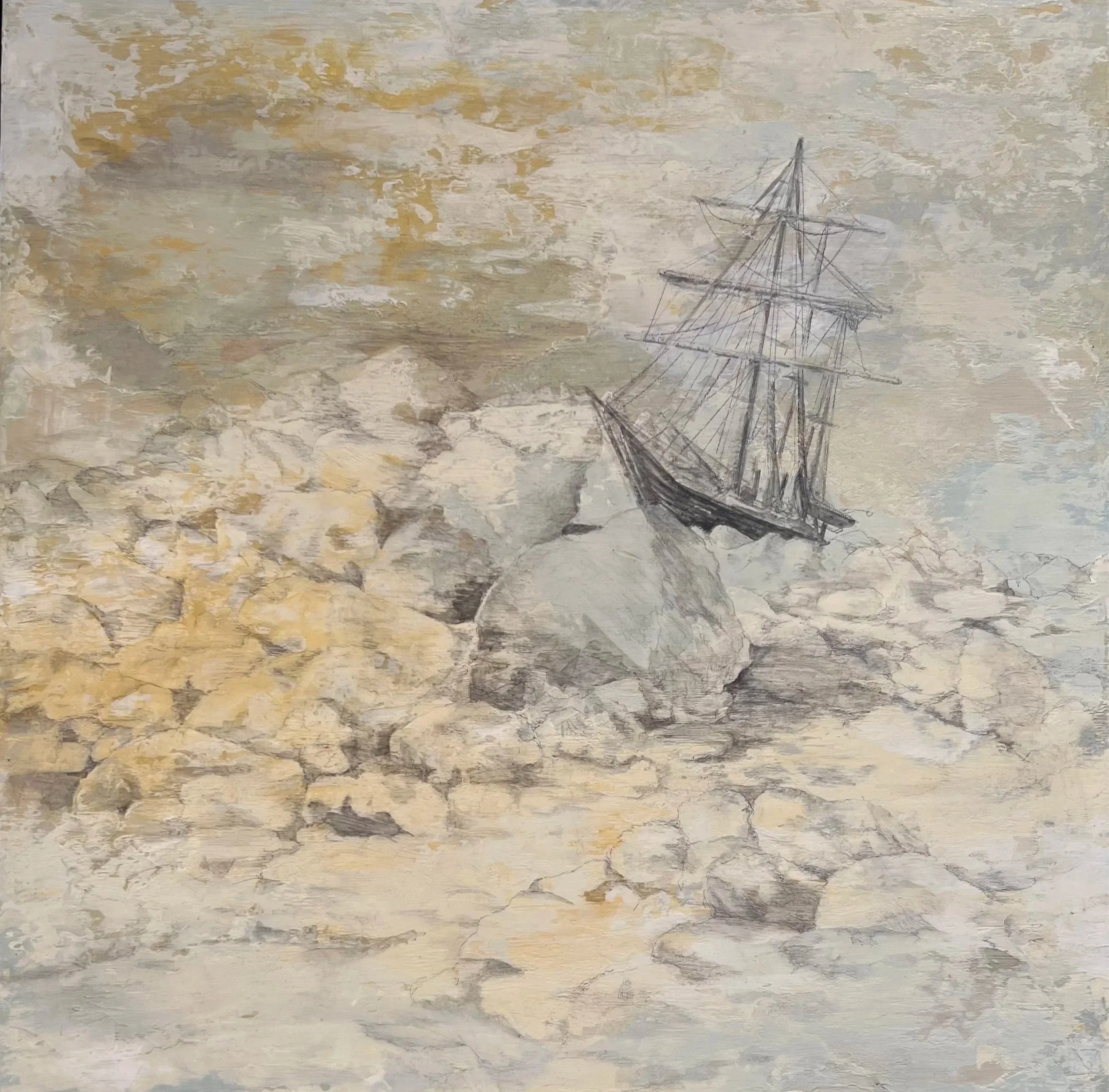 Shackleton Perseveres, paint and graphite on wood panel, 16” x 16” $1200. (framed)