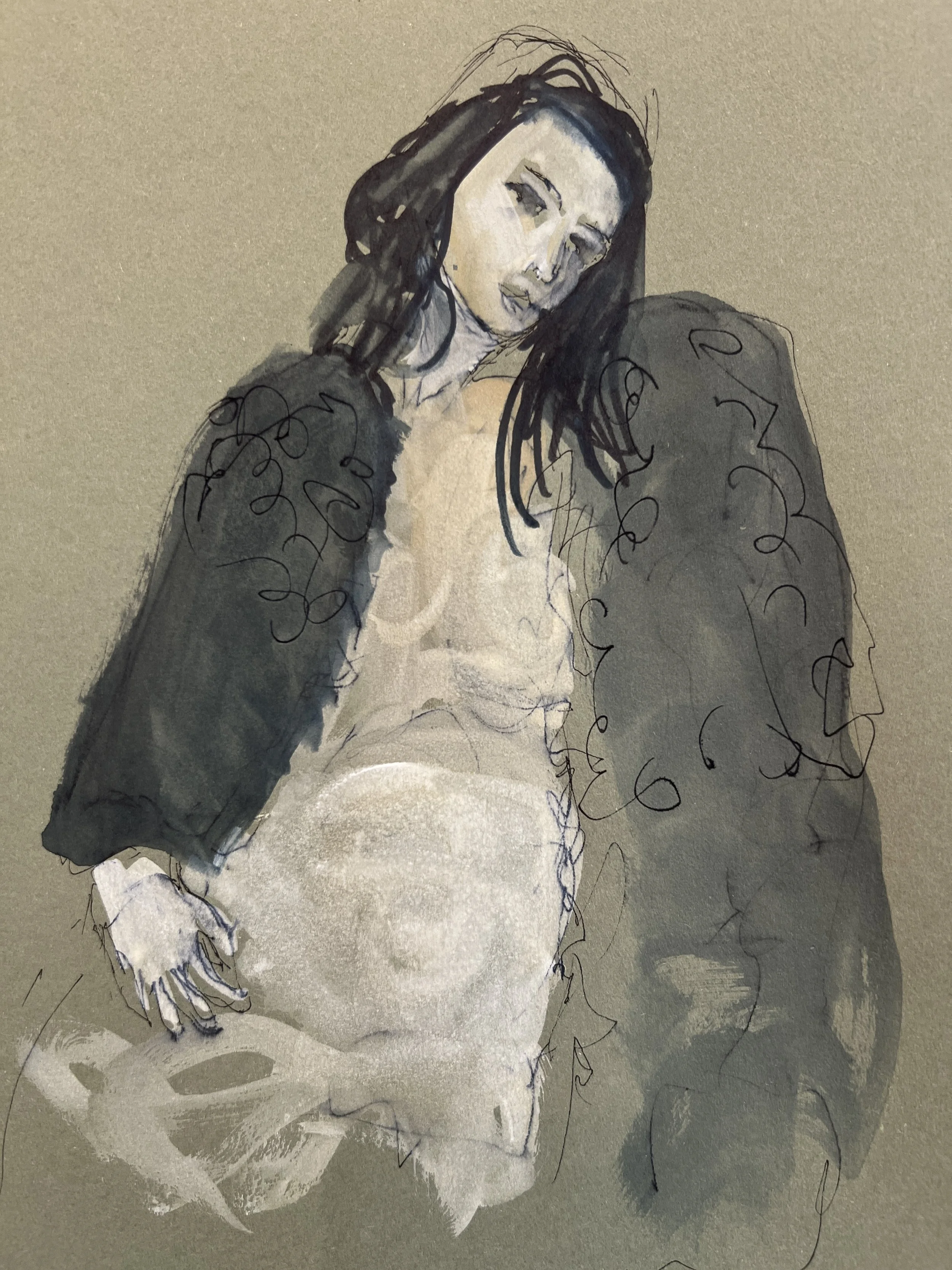 Catarina in Fur Coat, watercolour and gauche on paper, 10" x 9", $250.