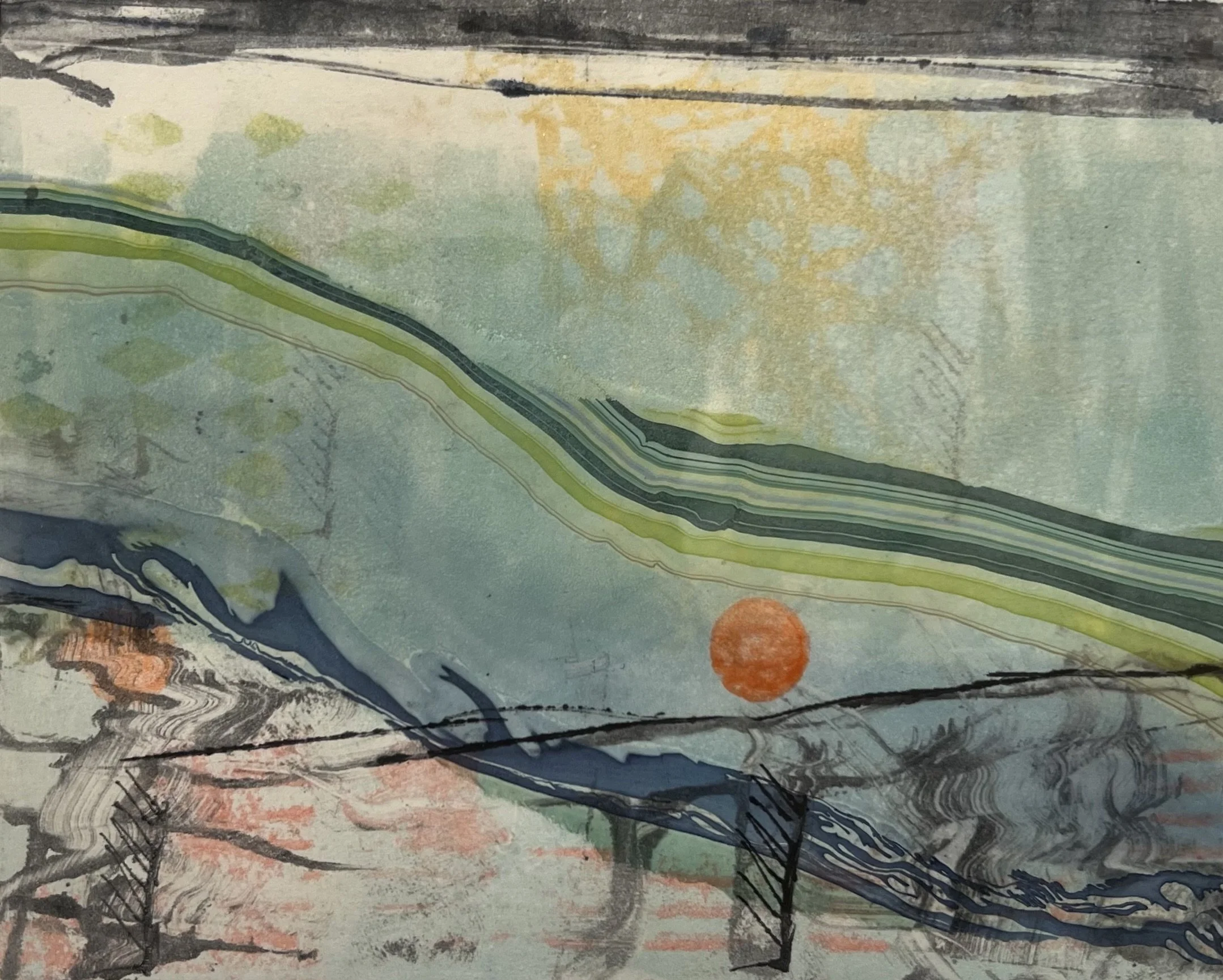 Red Moon over Green River, 8" x 10", 350. (framed)