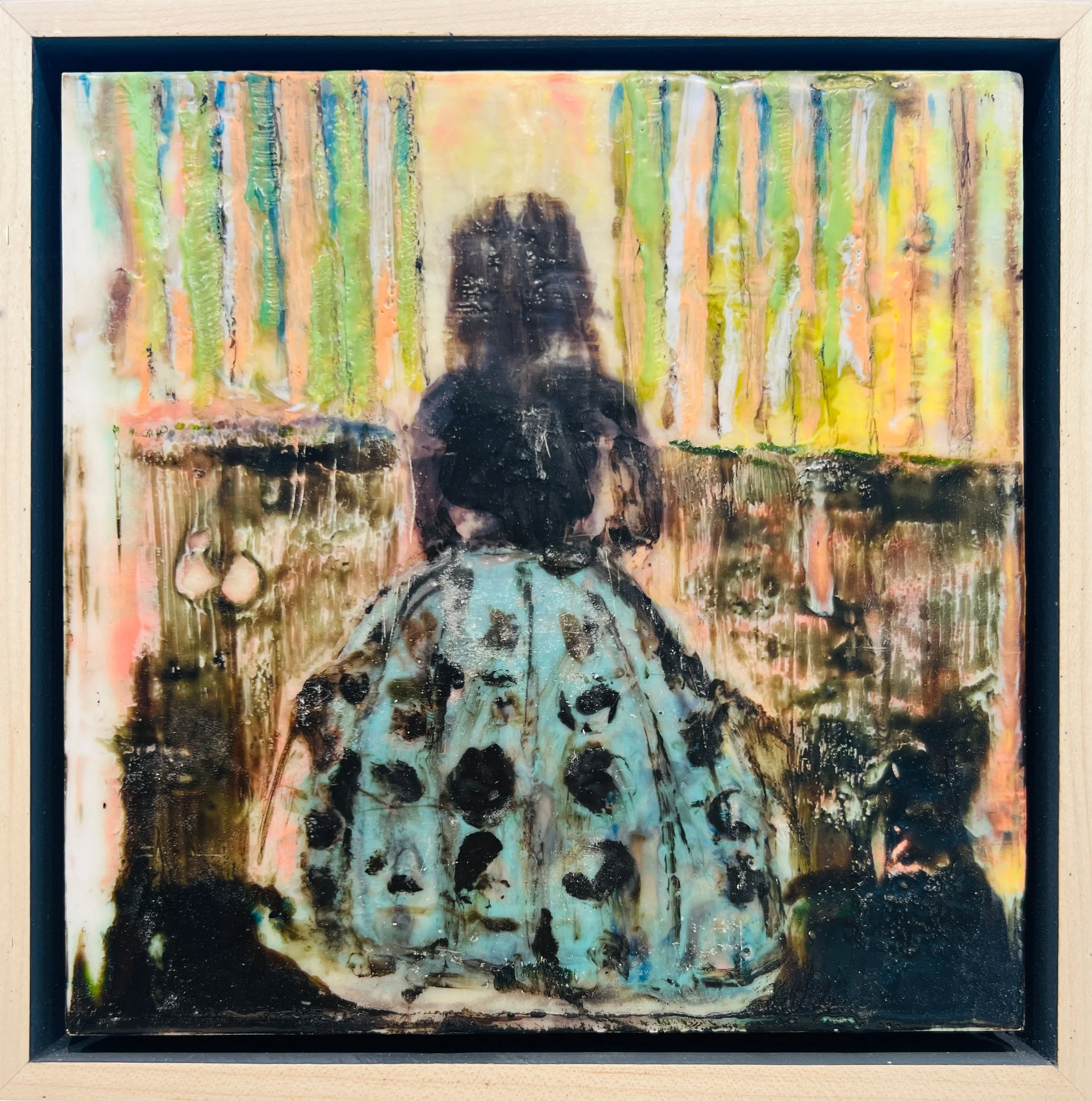 Not Looking Back, encaustic paint on wood, 8” x 8”, $550. (framed)