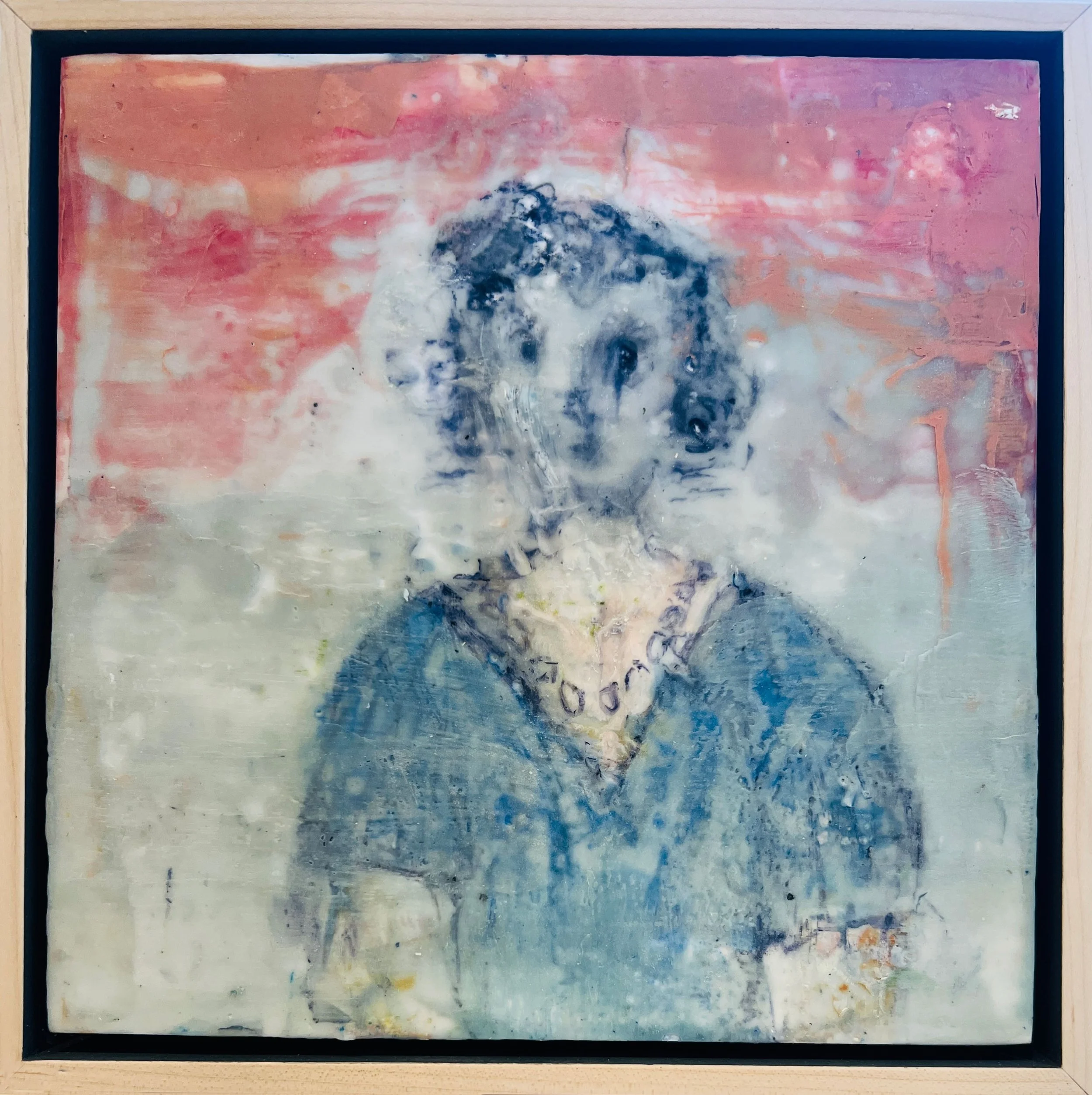 Nicole with Pearls, encaustic paint and graphite on wood panel, 10” x 10”, 650. (framed)