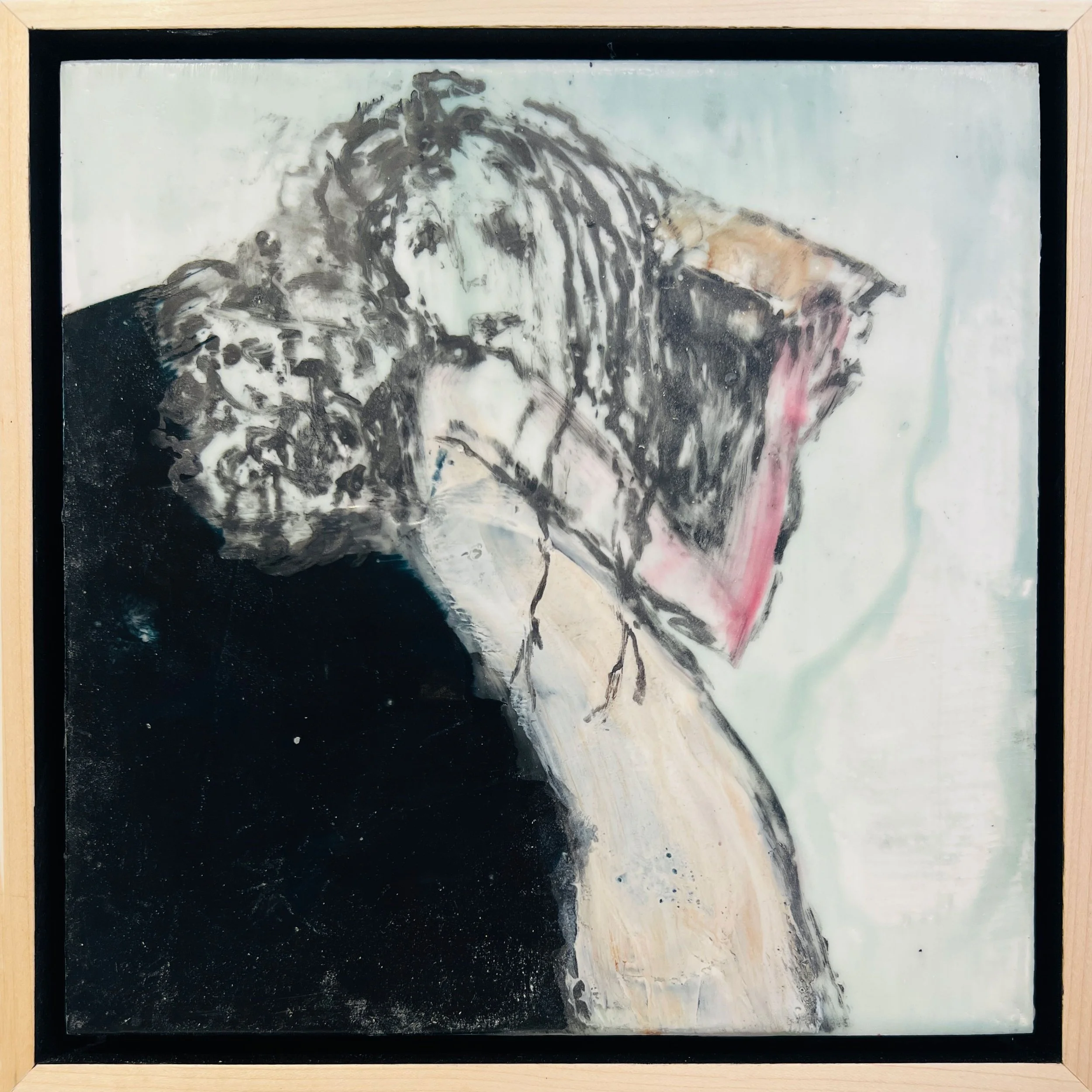 Ange and her Shadow, encaustic paint and graphite on wood panel, 10” x 10”, $650. (framed)
