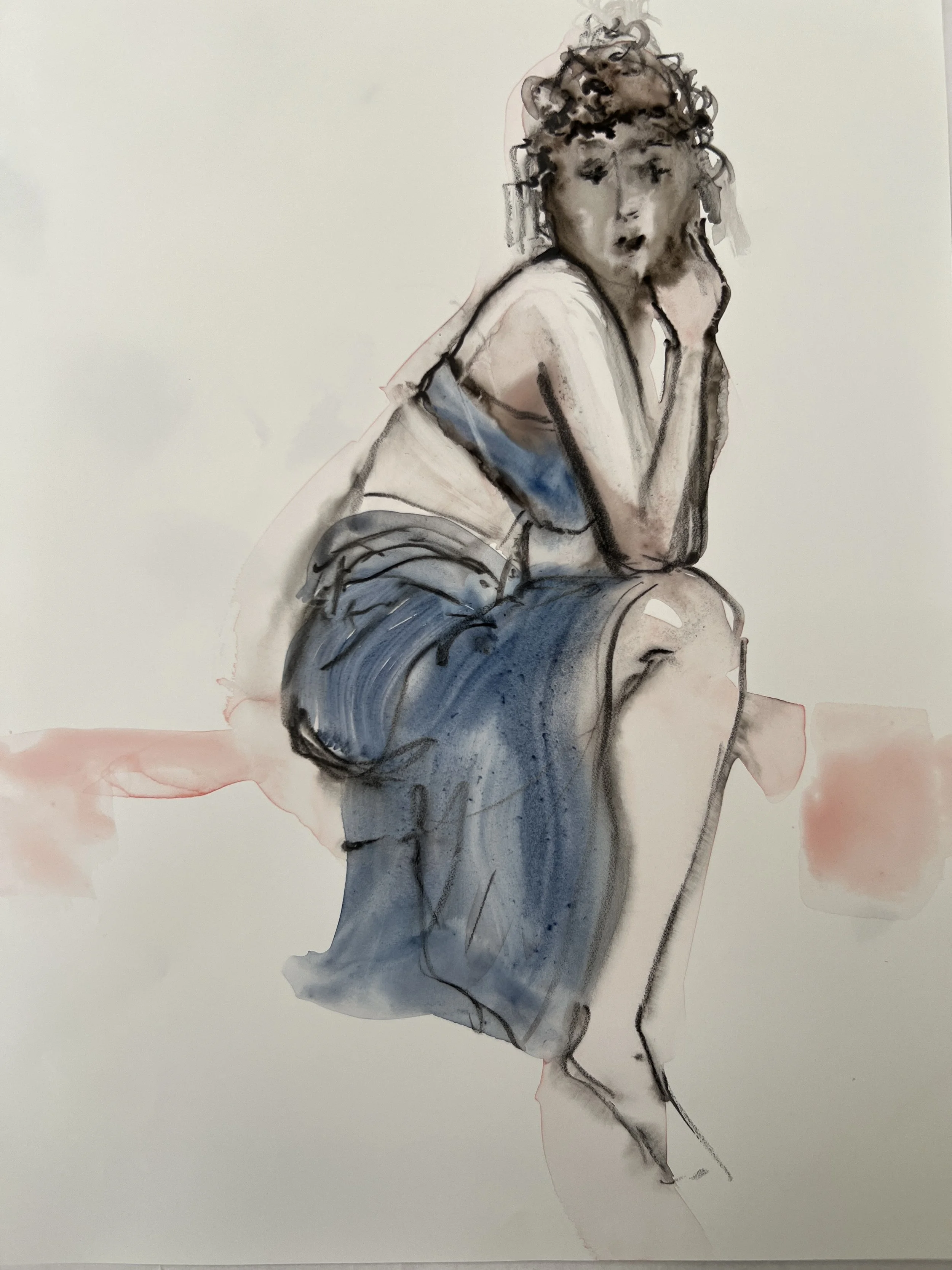 Kawena in Blue Skirt, watercolour and graphite on paper, 8" x 10", $200.