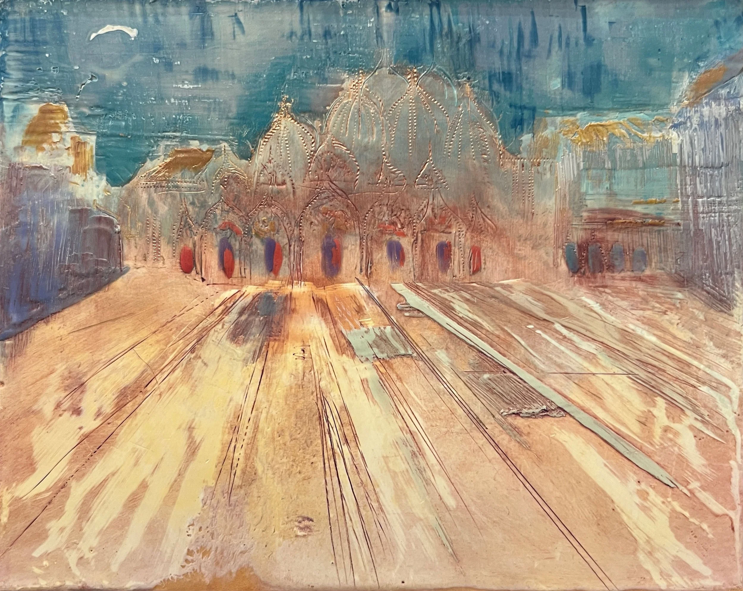 San Marco at Dusk, encaustic and oil and gold leaf on wood panel, 6" x 8", $650. (framed)
