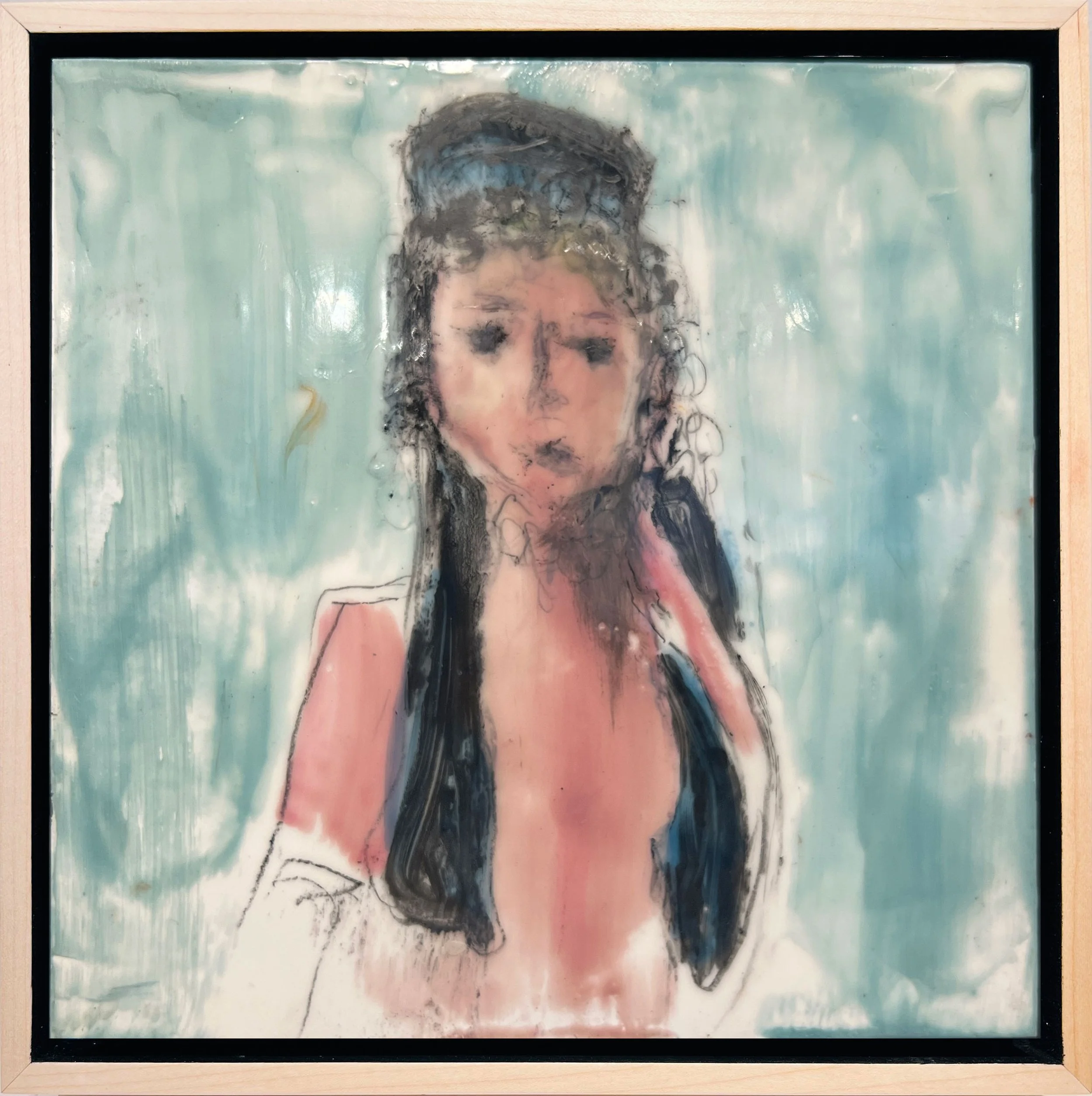 Emily with a Tiara, encaustic paint and graphite on wood panel, 8“ x 8”, 550. (framed)