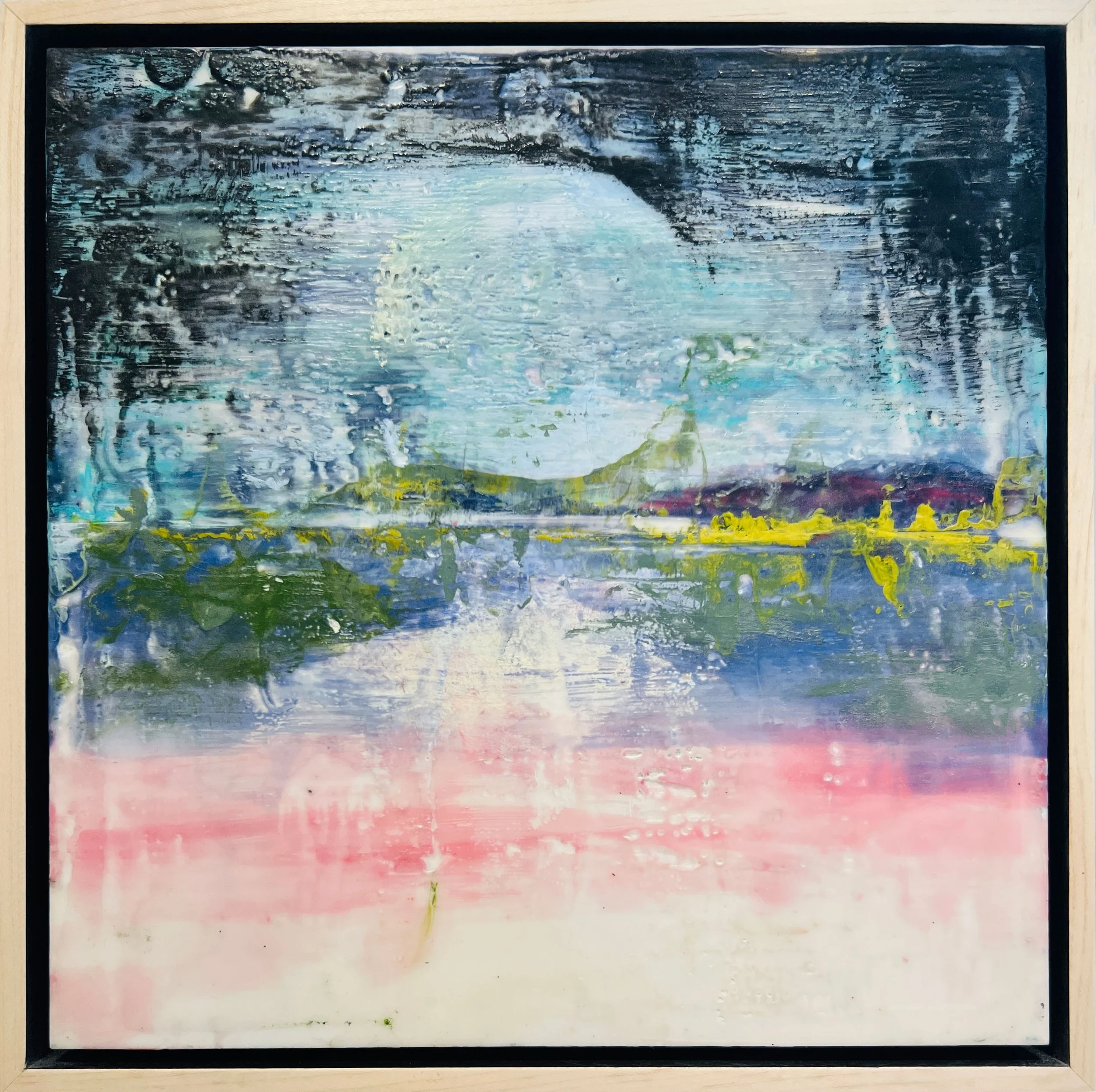 Moon on the Water, encaustic paint and graphite on wood panel, 12” x 12”, $750. (framed)