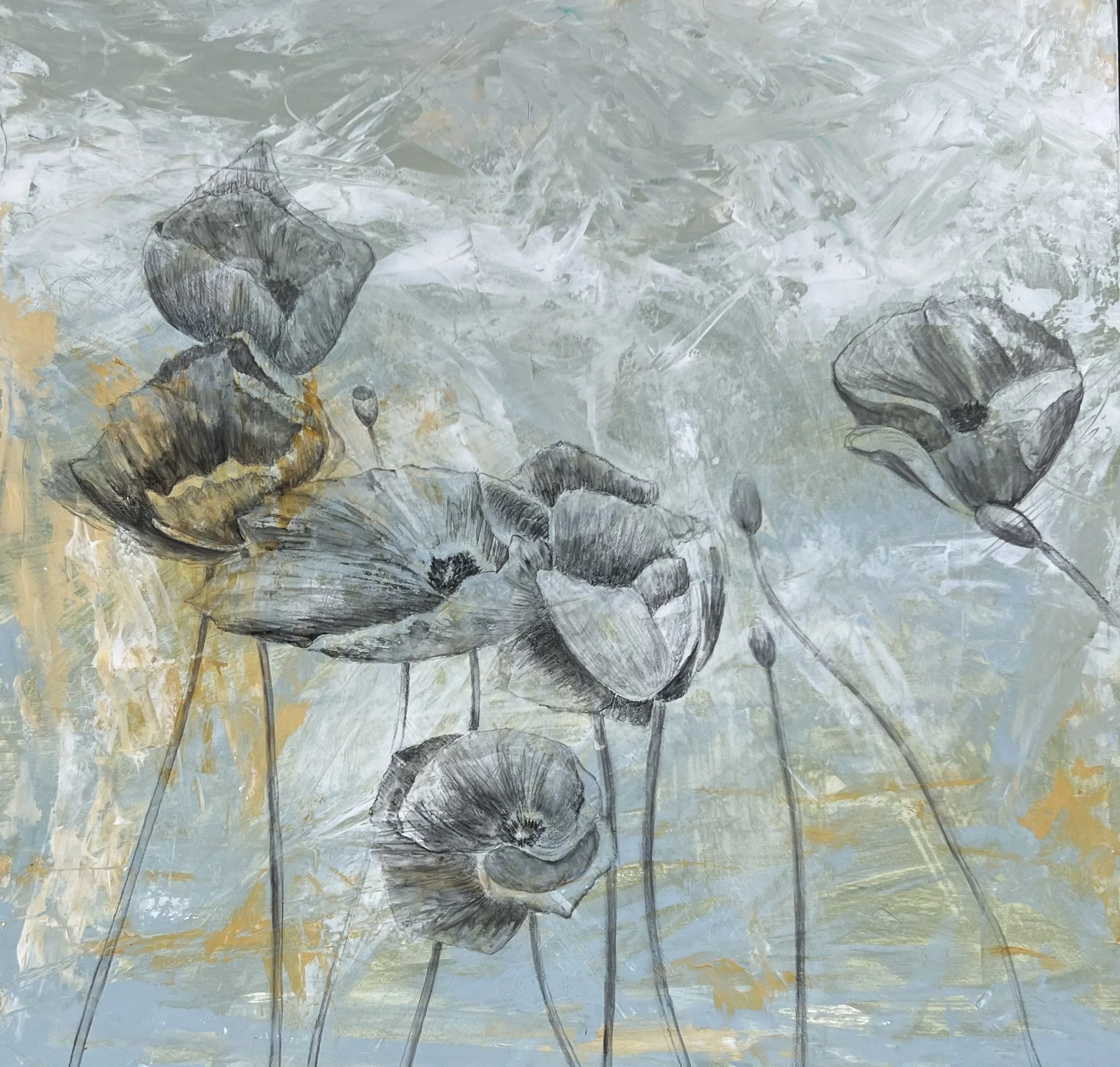 Poppies, paint and graphite on wood panel, 16" x 16”, $1200. (framed)