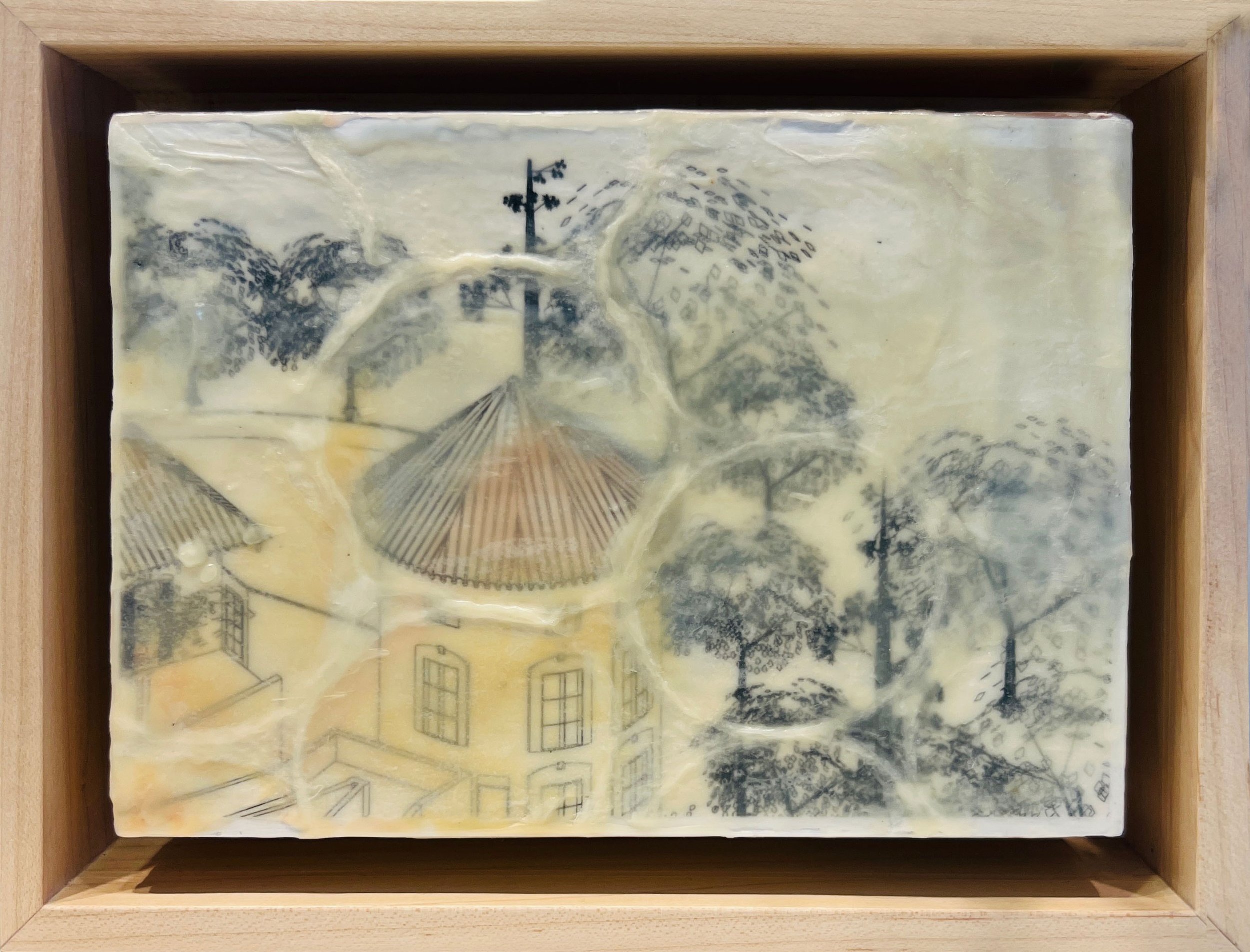 Seeing Rooftops, encaustic paint, graphite and collage on wood panel, 5” x 7”, $450. (framed)