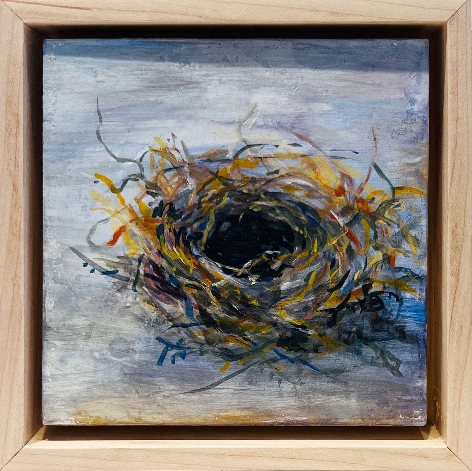 Empty Nest, egg tempera paint and graphite on wood panel, 5” x 5”, 350. (framed)