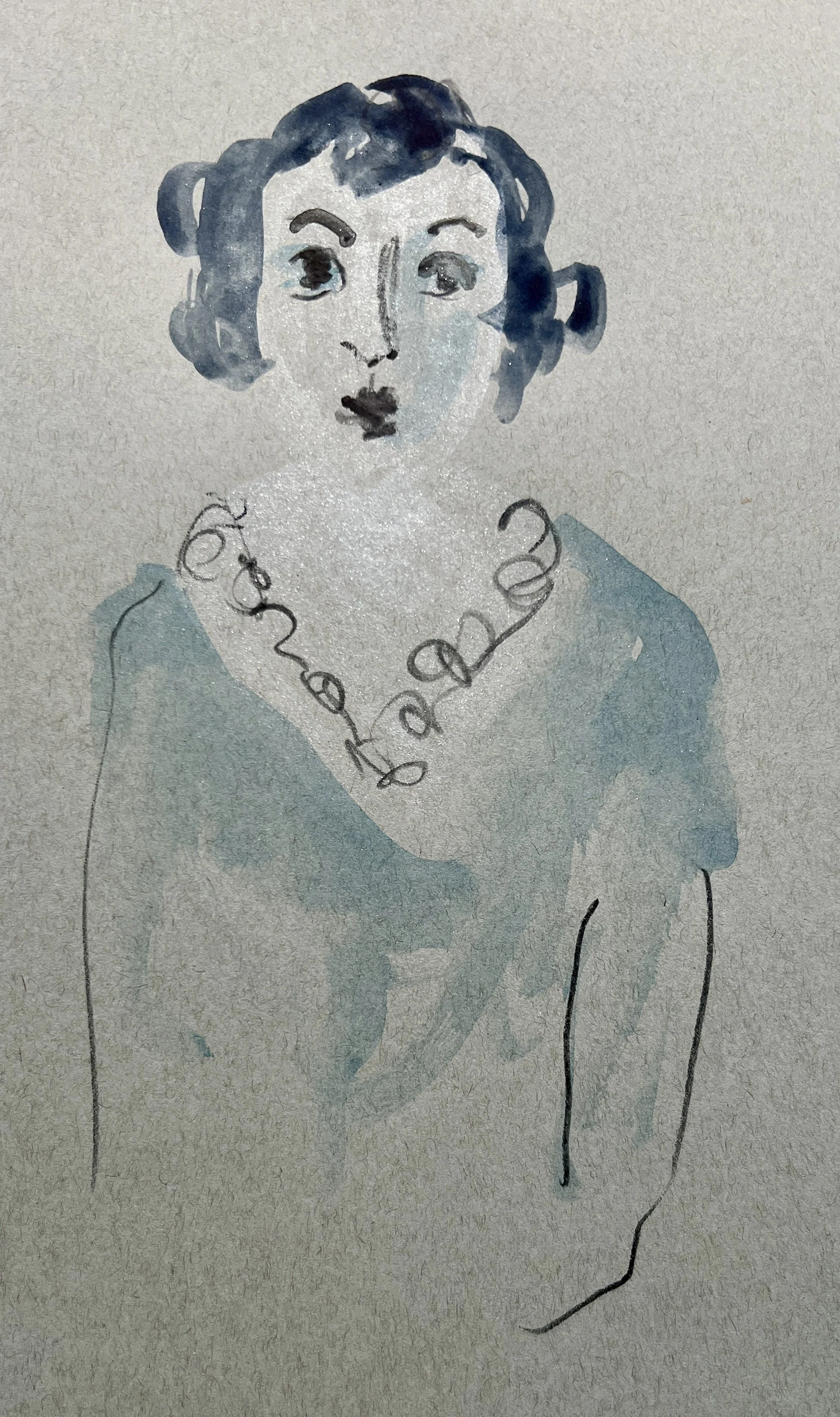 Nicole in Blue Dress, watercolour and graphite on grey paper, 9" x 12”, $350. 