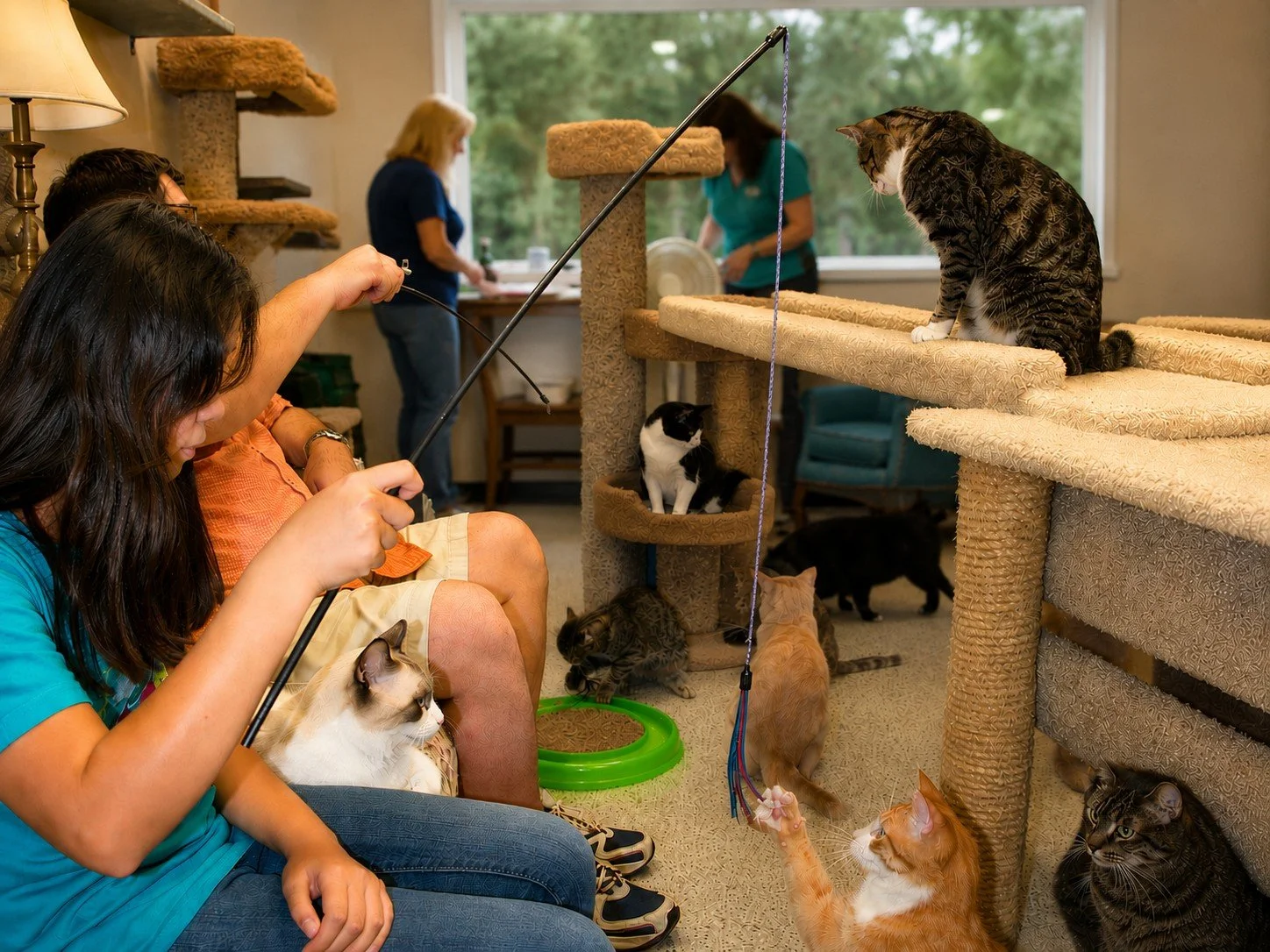 Volunteers spending time with rescued cats in a cage-free sanctuary room at Animal Rescue League in Sacramento.